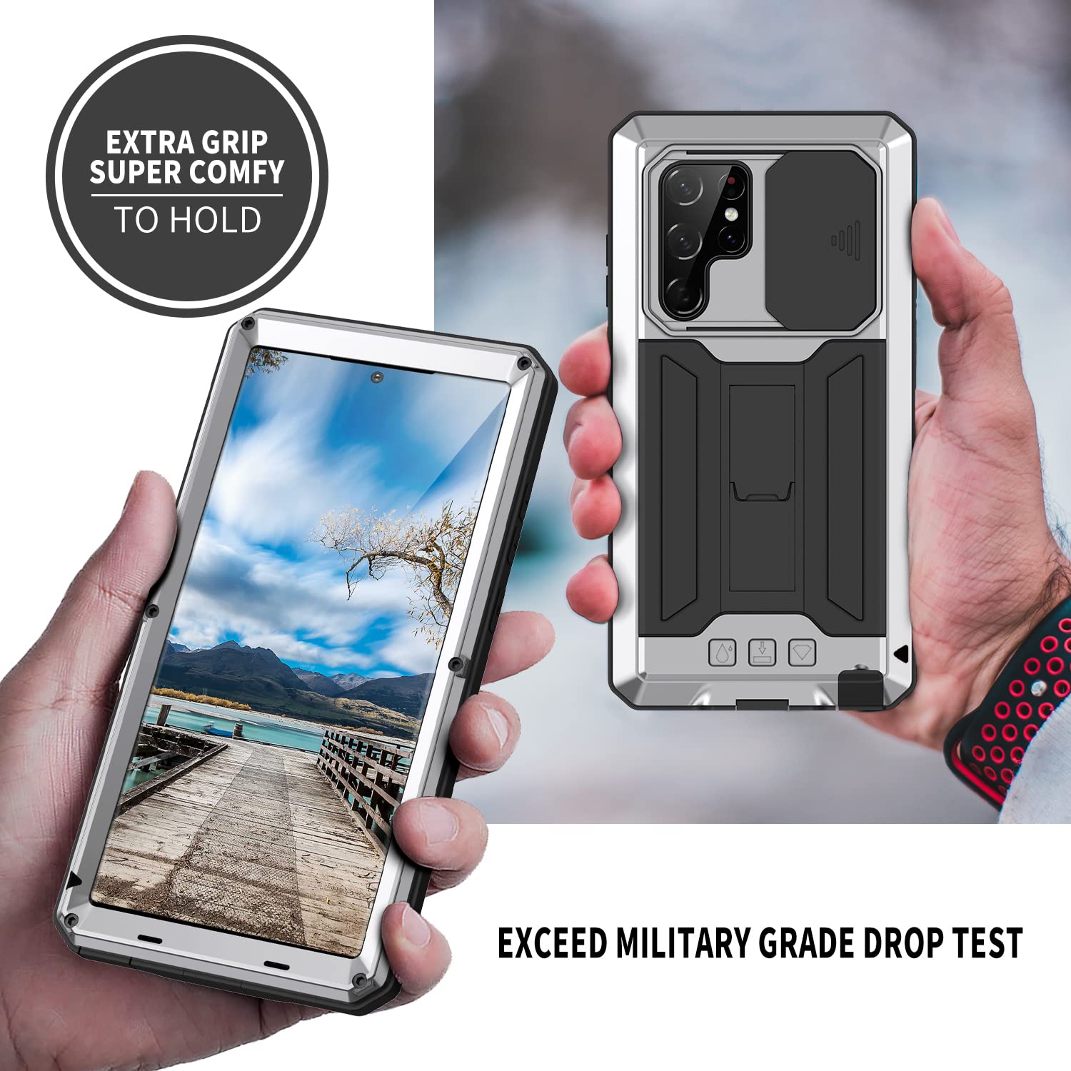 Samsung Galaxy S22 Heavy Duty Rugged Case with Built-in Screen Protector & Slide Camera Cover - Military Grade Shockproof Waterproof Phone Cover for Men, Outdoor Activities, Travel & Adventure (Silver)