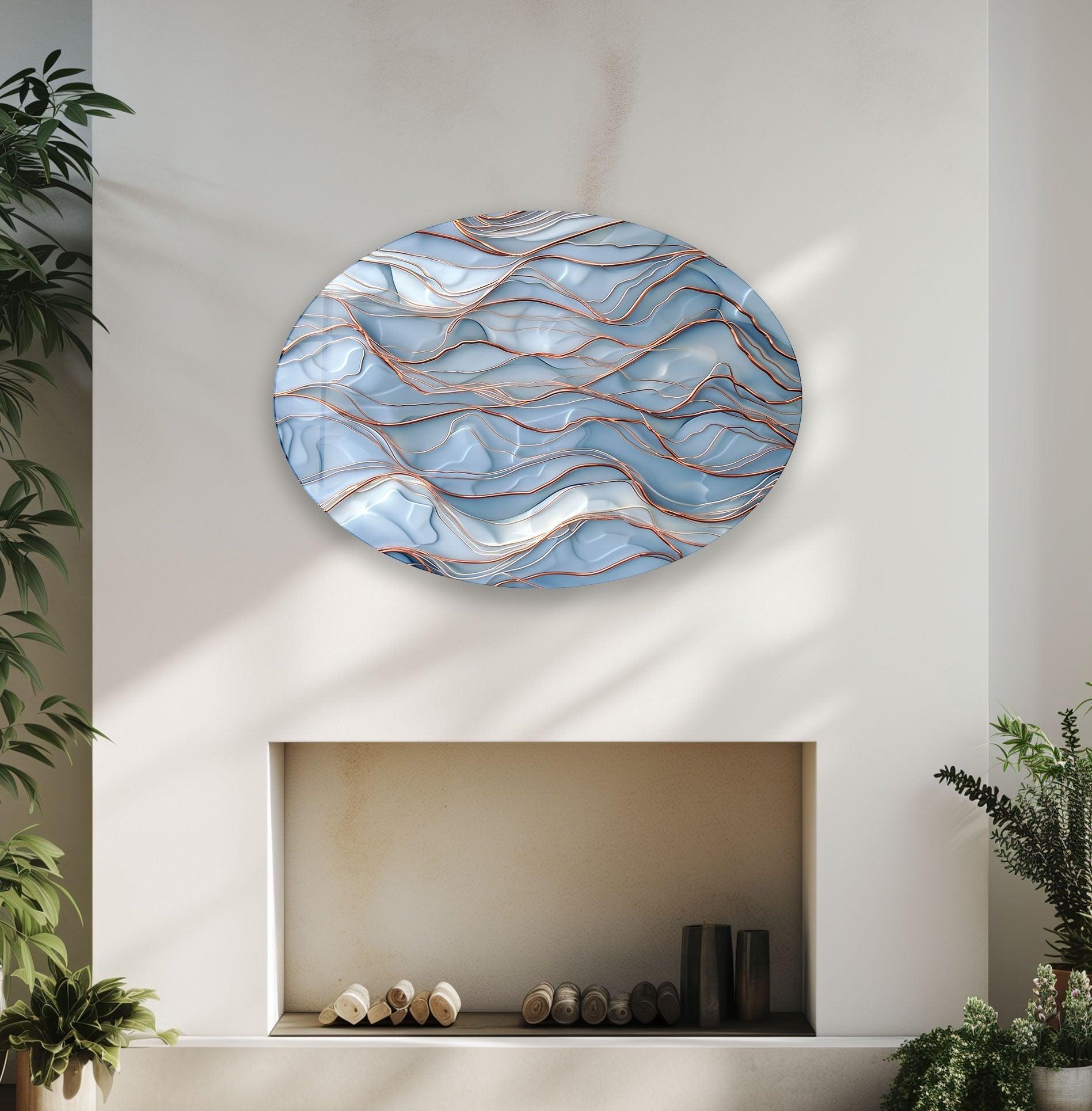 Asymmetric Oval Golden & Blue Glass Wall Art Decor - Modern Handmade Mosaic Glass Panel for Living Room, Bedroom, Office & Interior Design