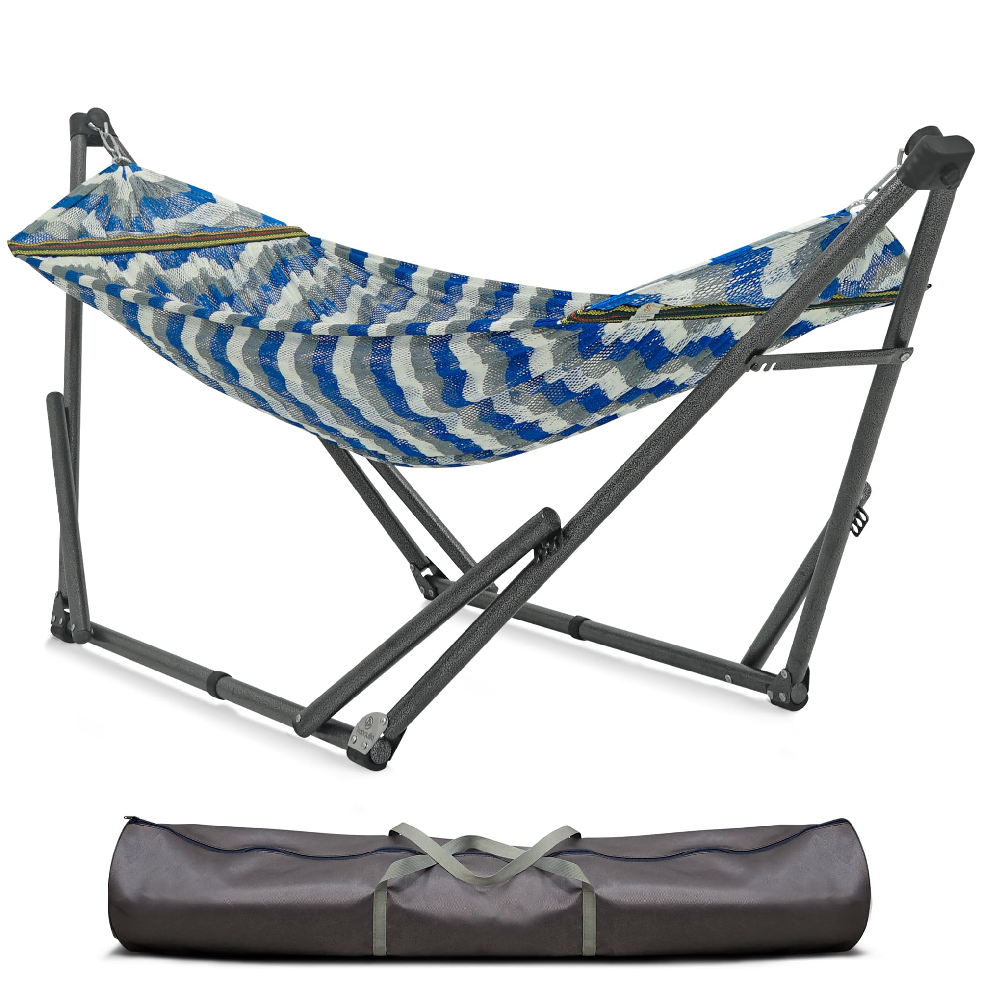 Tranquillo Uniki 550 lbs Capacity Double Hammock Stand - Adjustable & Collapsible Steel Frame with Breathable Polyester Hammock Net - Perfect for Camping, Backyard Relaxation & Outdoor Adventures