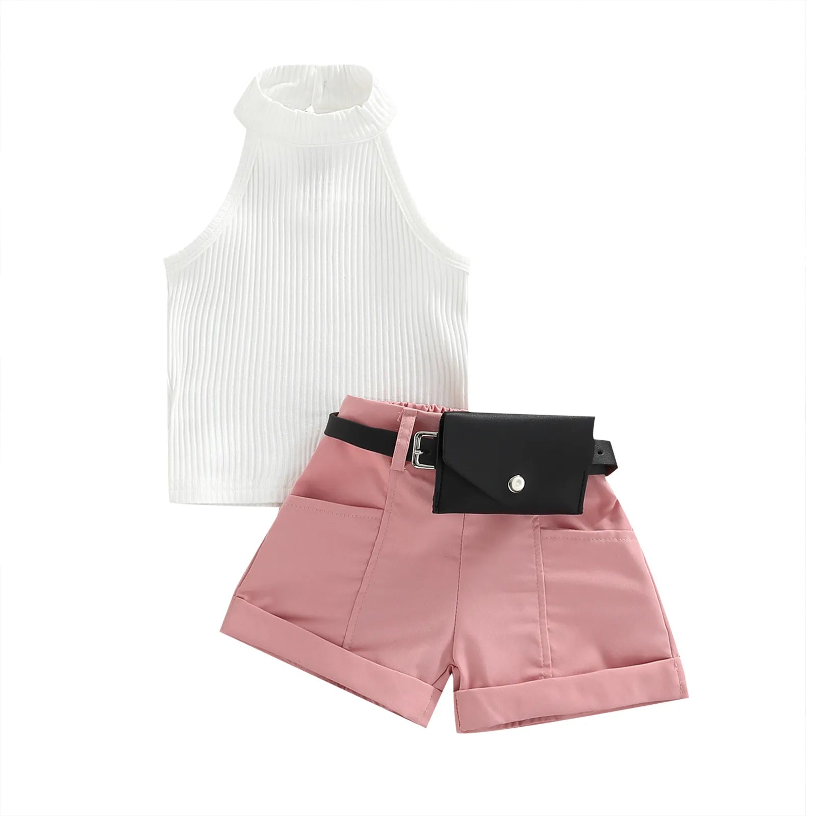 6m-4Y Baby Girl Clothes Set - Toddler Knit Sleeveless Top & Shorts Outfit with Waist Pack | Summer Casual Wear for Infants & Kids | Perfect for Playdates, Beach Trips & Outdoor Activities