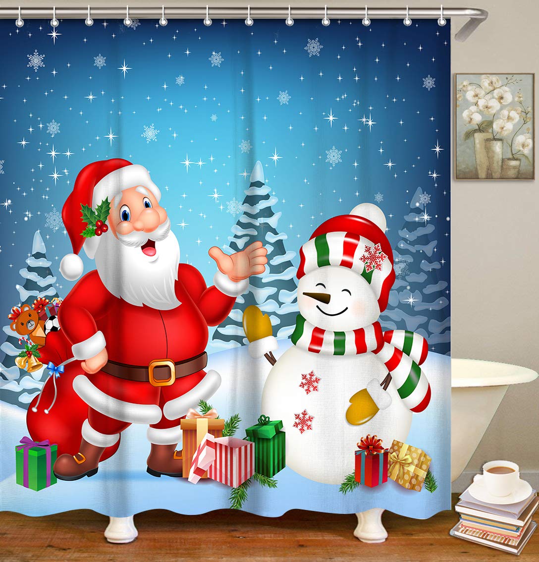 LIVILAN Christmas Shower Curtain - Santa Claus & Snowman Holiday Bathroom Decor with 12 Hooks, 72x72 Inch Waterproof Fabric - Perfect for Xmas Bathroom Decorations & Winter Festival Home Decor