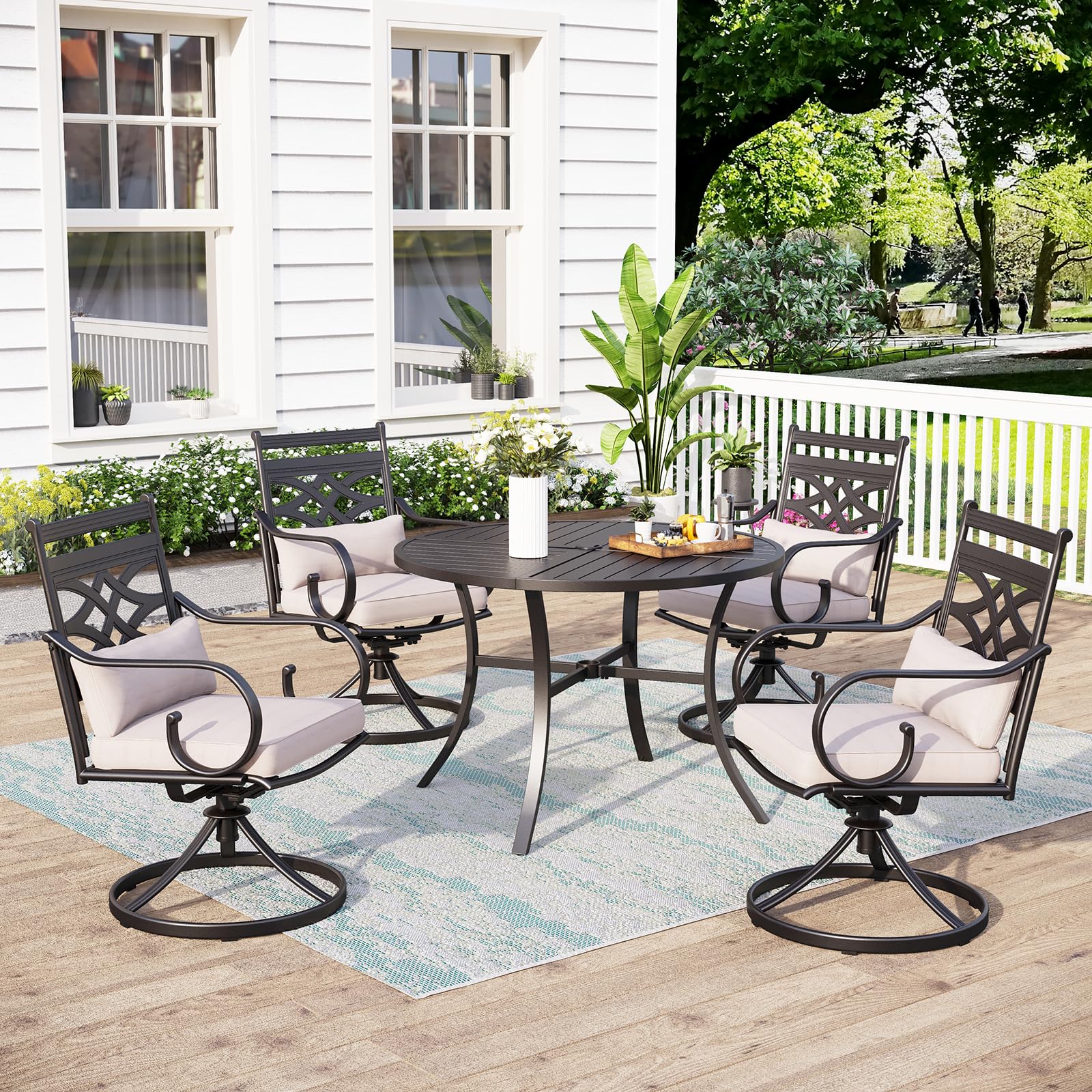 MFSTUDIO 5-Piece Outdoor Patio Dining Set with 4 Swivel Chairs & 1 Round Table - All-Weather Heavy Duty Black Metal Frame - Perfect for Backyard, Garden, Deck or Poolside Dining