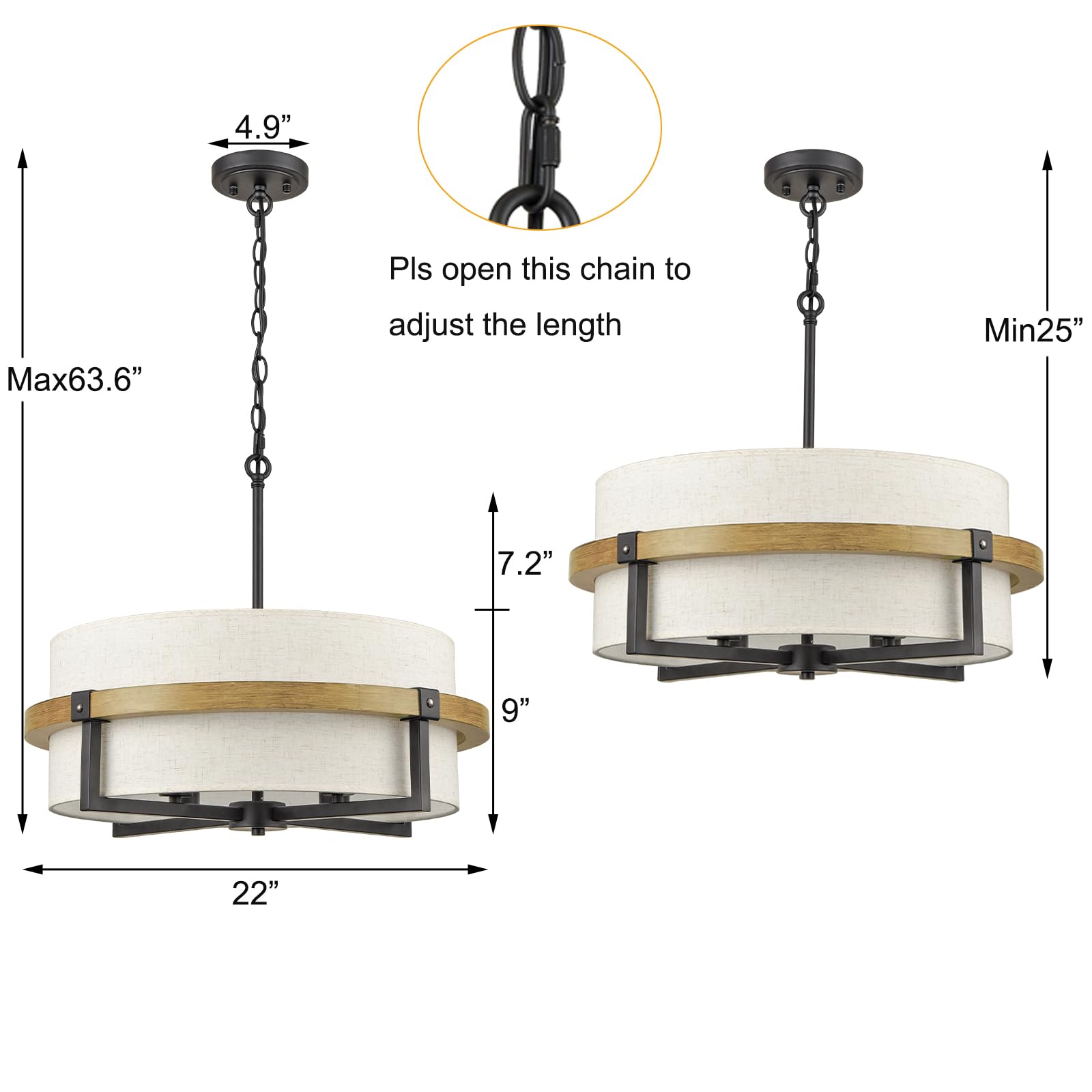 Rustic Drum Chandelier - 4-Light Farmhouse Pendant Light with Off-White Fabric Shade for Dining Room, Kitchen Island & Bedroom Lighting | Vintage Industrial Ceiling Fixture