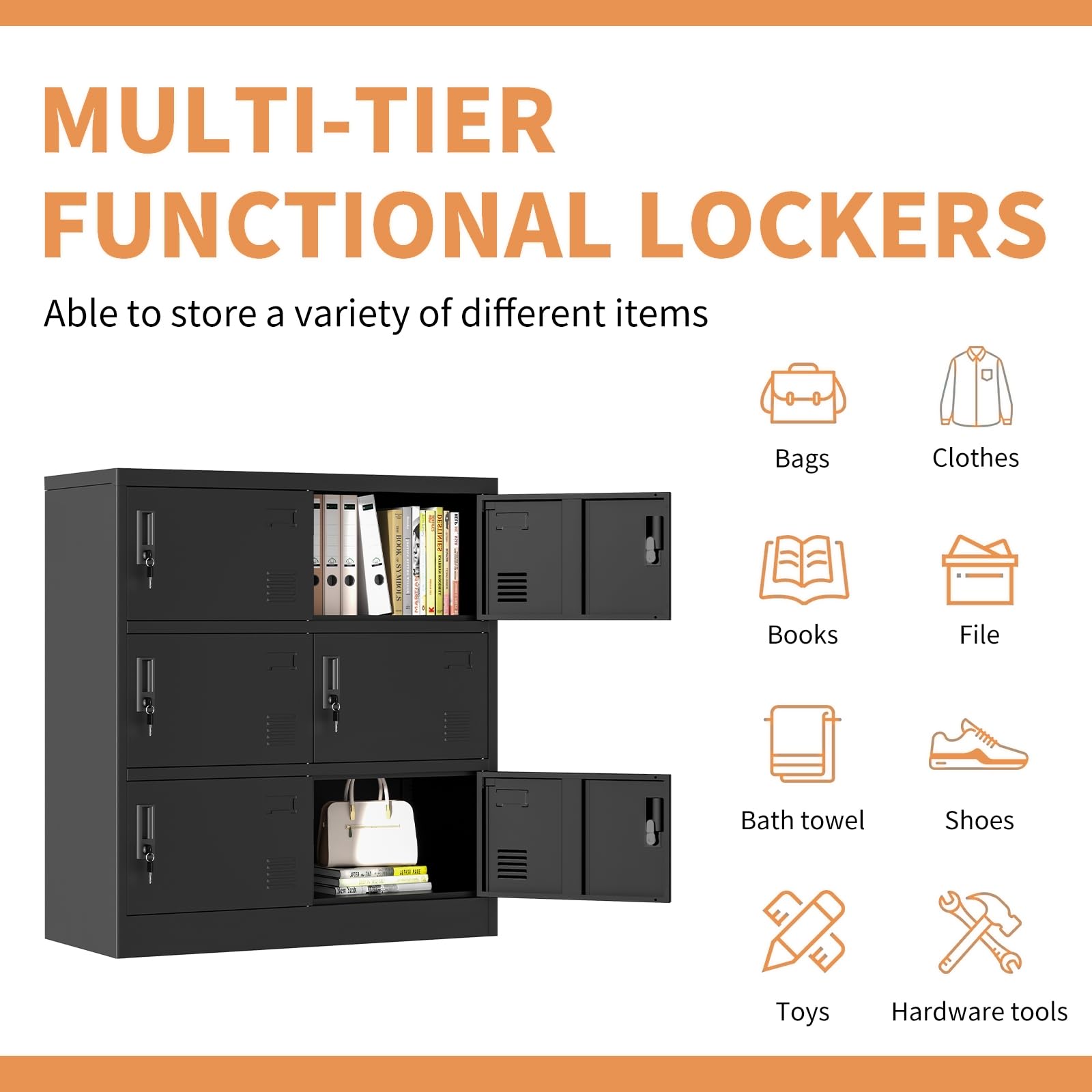 6-Door Metal Locker Storage Cabinet - Heavy Duty Black Steel Employee Lockers with Key Lock for Office, Gym, School, Restaurant & Home Use - Secure Storage Solution for Clothes, Bags & Personal Items (Assembly Required)