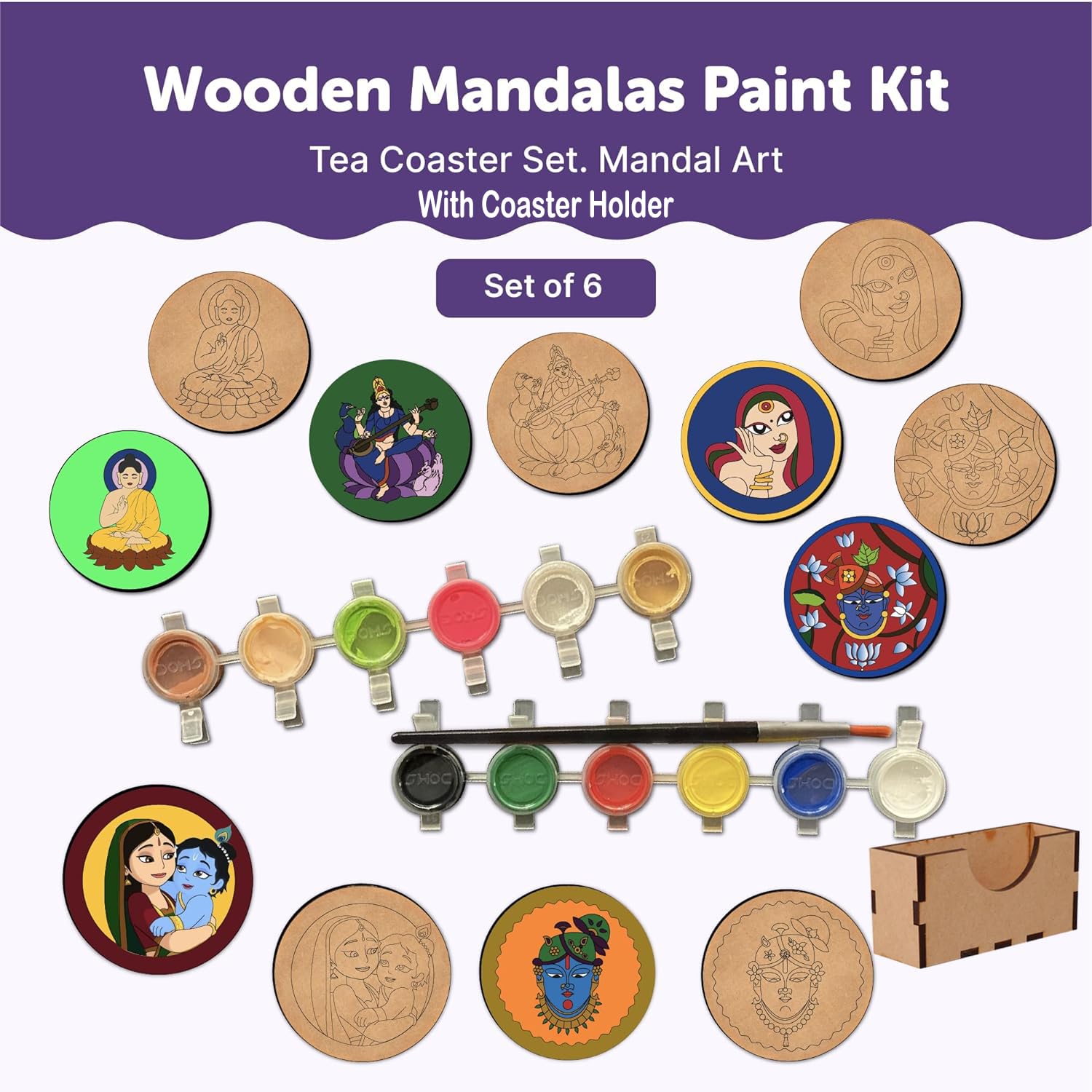 6-Pack American Elm Mandala Art Coasters - DIY Painting Craft Kit for Adults & Kids - Wooden MDF Coasters (4 Inch) for Home Decor, Party Activities & Creative Gift Ideas