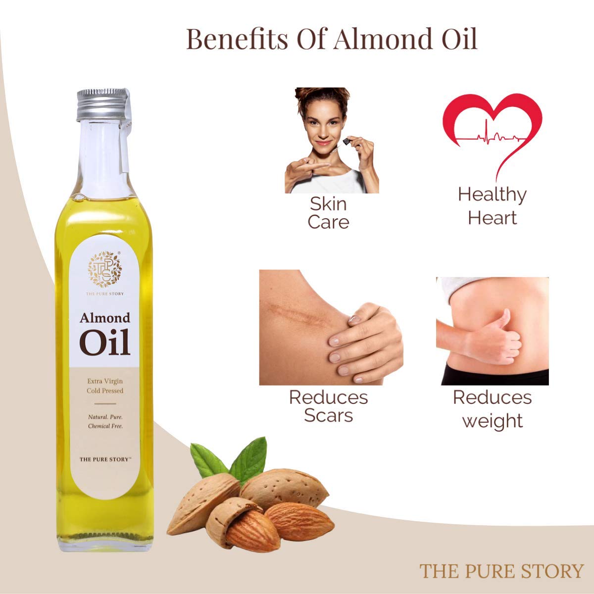 100% Pure Cold Pressed Sweet Almond Oil for Hair, Skin & Face Care - Natural Moisturizer & Massage Oil - 100ml - Perfect for Dry Skin Treatment, Hair Growth & Aromatherapy