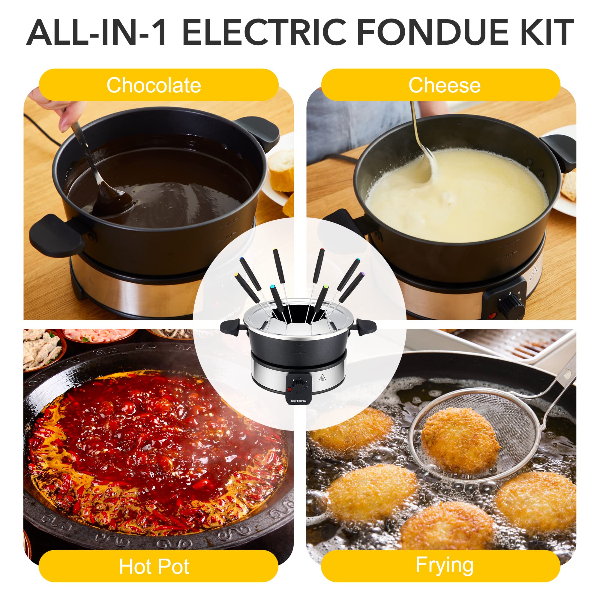 Premium Stainless Steel Fondue Pot Set with Temperature Control - 2-Quart Non-Stick Electric Fondue Maker with 6 Forks, 6 Cups & Stand - Perfect for Chocolate, Cheese, Caramel & Marshmallows - Ideal for Valentine's Day, Parties & Family Gatherings