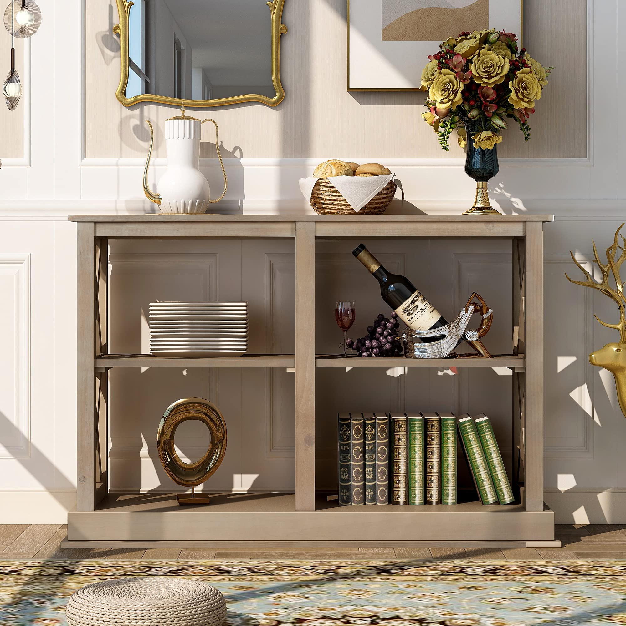 Modern Acacia Wood Console Table with 3-Tier Open Storage & X-Shaped Legs - Sofa Table for Entryway, Living Room, Kitchen or Dining Room - White Wash Finish - Perfect for Home Decor & Small Space Organization