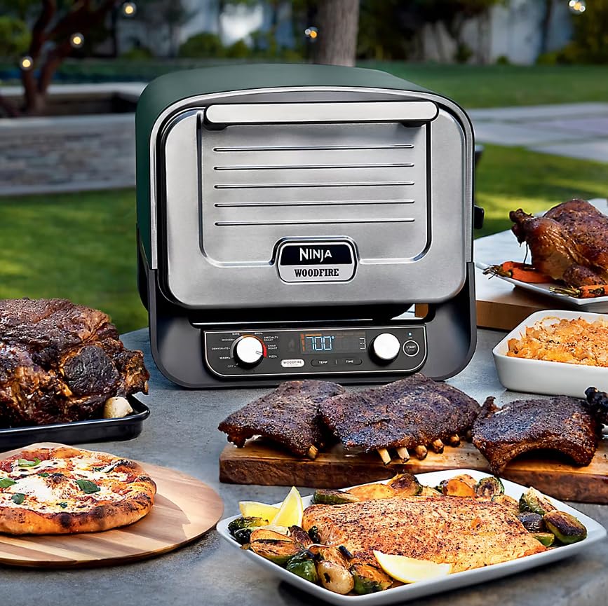 Ninja Woodfire 8-in-1 Outdoor Grill & Smoker with Pizza Oven - 5 Pizza Settings, Green - Perfect for Backyard BBQs, Camping & Outdoor Cooking