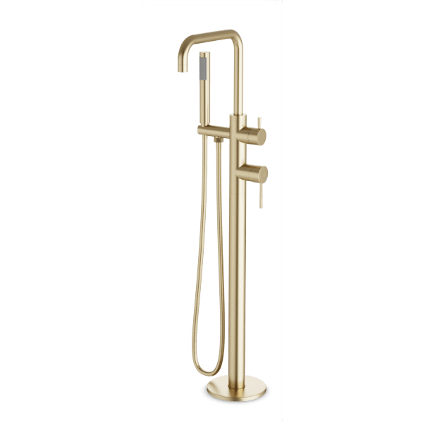 Round Floor Mount Tub Filler Trim Kit with Low Spout & Handheld Shower - Perfect for Modern Bathroom Renovations and Spa-Like Shower Experiences