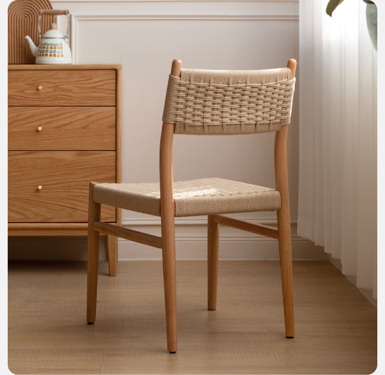 Solid Oak & Cherry Wood Rope Dining Chair - Rustic Farmhouse Style for Kitchen, Dining Room, and Outdoor Patio Seating