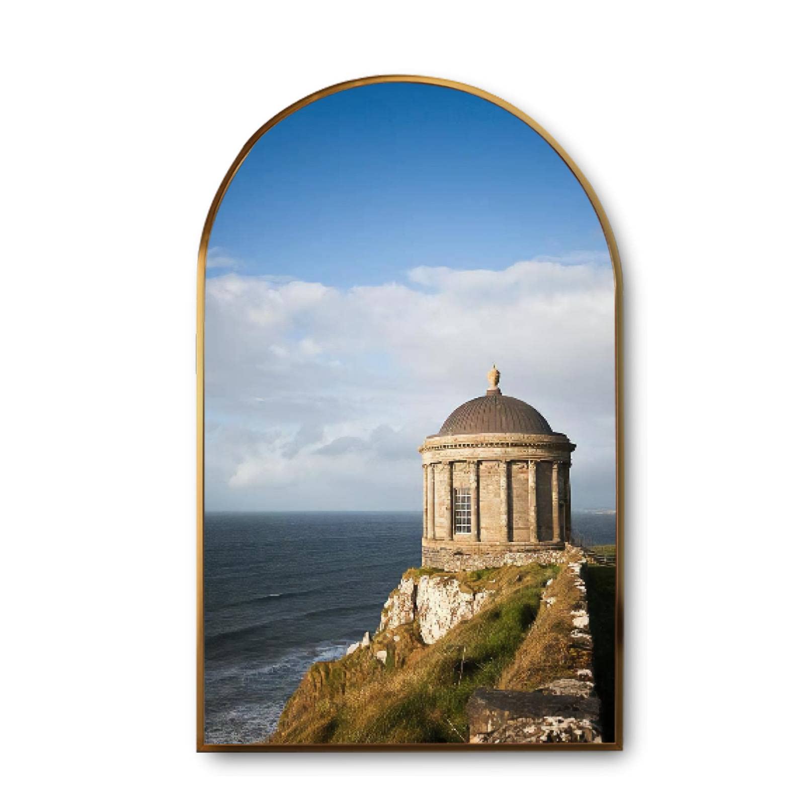 Golden Framed Canvas Wall Art - Arch Mussenden Temple Cliff Painting - Modern Giclee Print for Living Room, Bedroom & Office Decor - Ready to Hang Home Artwork - Perfect for Coastal Theme & Irish Heritage Home Decor