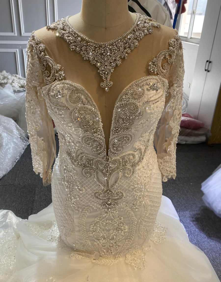 Elegant African Bridal Gown Long Sleeve Ruffle Mermaid Wedding Dress 2 in 1 - Perfect for Beach, Church & Destination Weddings