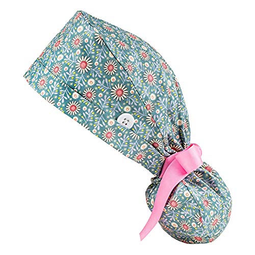 Floral Vintage Nurse Scrub Hats for Women - Washable Medical Nursing Cap with Ponytail Hole, Cute Daisy Print (Pink) - Perfect for Hospitals, Clinics & Healthcare Professionals