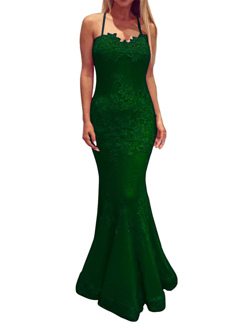 Elegant Green Applique Lace Halter Evening Dress for Women - Long Mermaid Wedding Gown for Prom, Bridal Shower & Formal Events