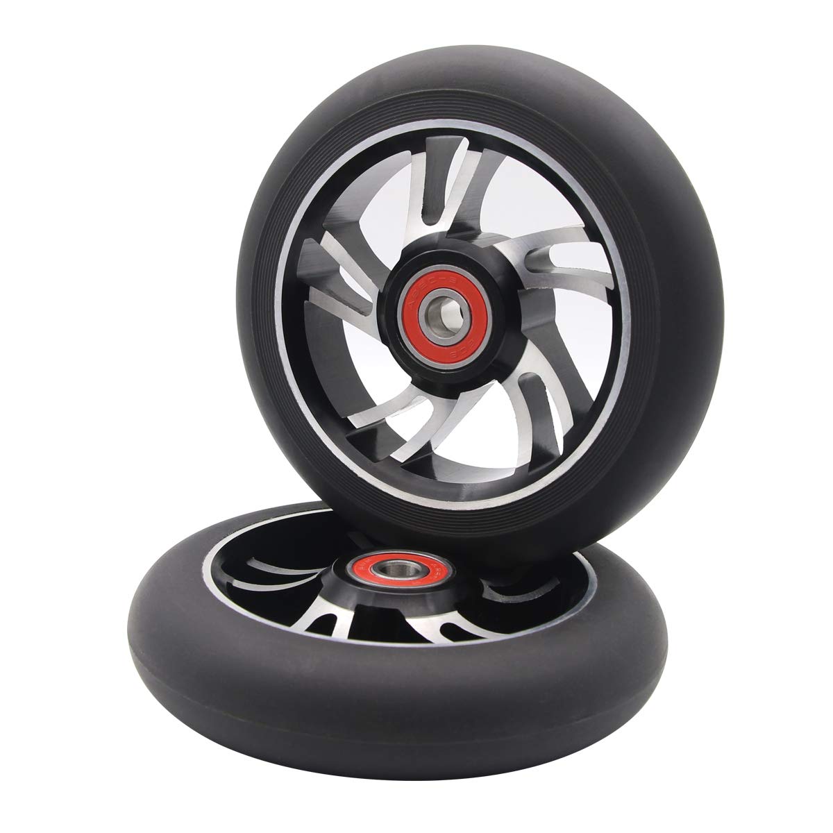 2Pcs 110mm Pro Scooter Wheels with ABEC 9 Bearings - Replacement Wheels for MGP/Razor/Lucky Envy/Vokul Pro Scooters (Black-Silver) - High Performance Wheels for Street Riding, Skate Parks & Scooter Tricks