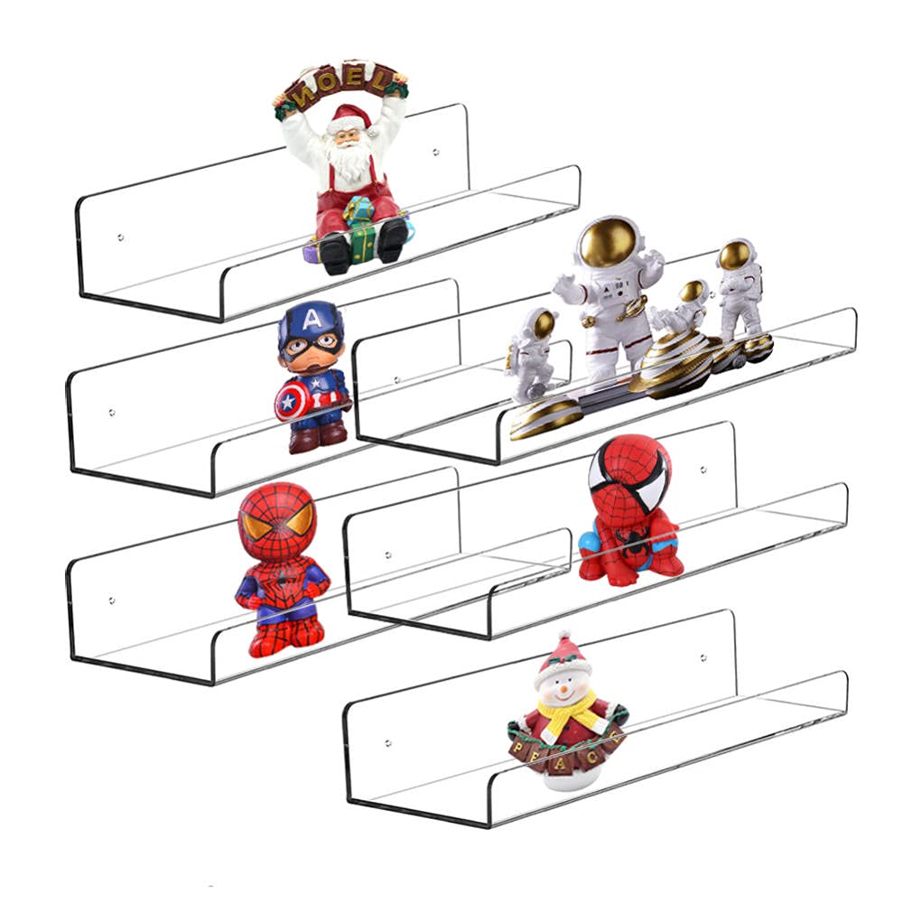 15 Inch Clear Acrylic Floating Shelves Set of 6 - 4MM Thick Invisible Wall Mounted Shelves for Bathroom Storage, Bookshelf Display, Plant Stand, Toy Organizer - Modern Home & Office Decor