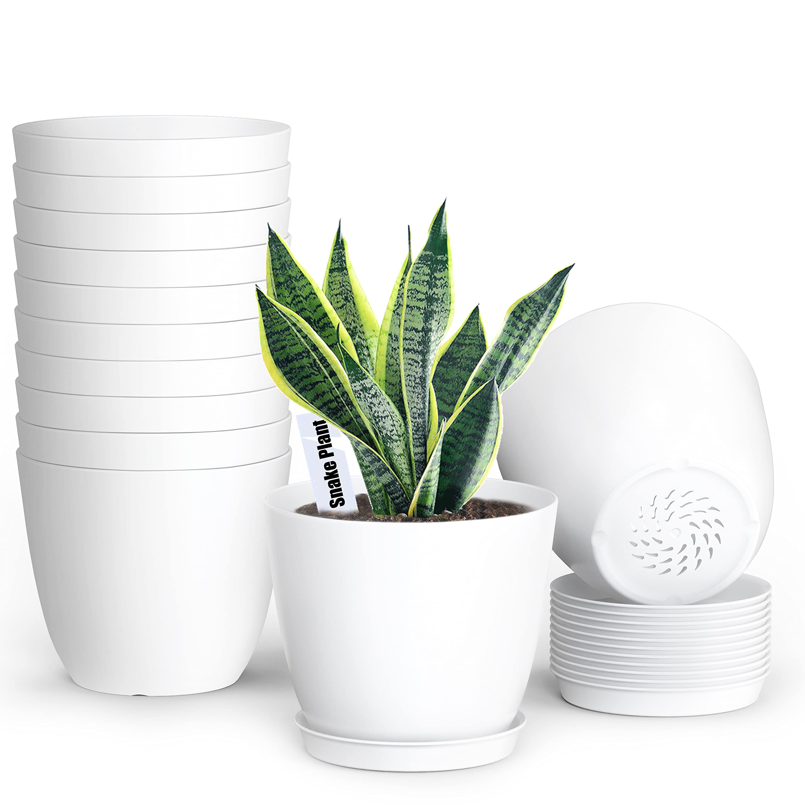 12 Pack 6 Inch White Plastic Plant Pots with Drainage Holes & Saucers - Modern Indoor Outdoor Flower Planters for Home Garden, Office Decor, Balcony & Patio Plants