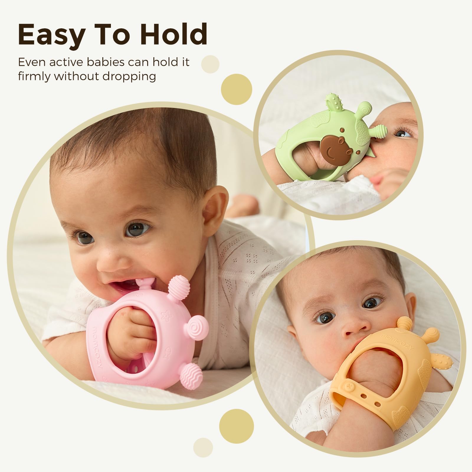 Momcozy Baby Teether Toys - Food Grade Silicone Teething Relief for Infants 0-12 Months | Safe & Soft Chewable Toys for Soothing Sore Gums | Perfect for Home, Travel & Daycare Use (Green)