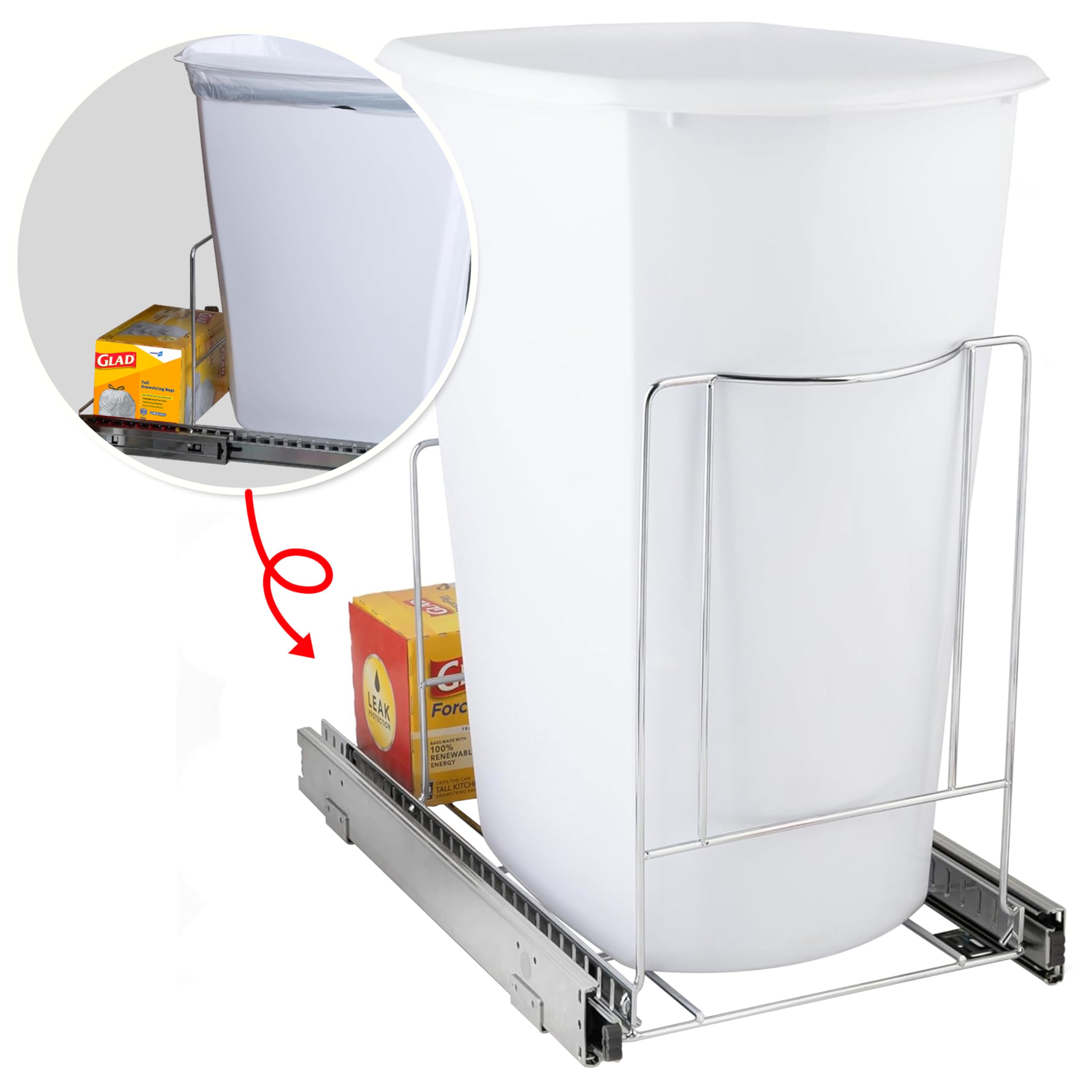 Adjustable Under Cabinet Trash Can Pull Out Drawer - Heavy Duty Chrome Finish for 12-1/4