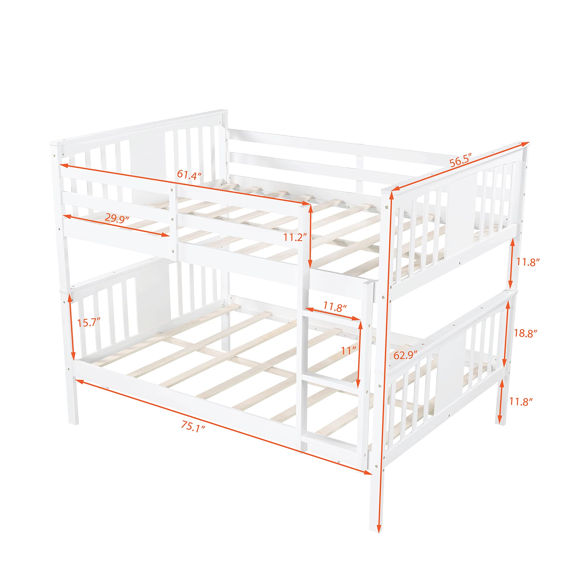 Full Over Full Wooden Bunk Bed Frame for Adults & Kids - Convertible Separable Twin Bunk Beds for Boys & Girls (White) - Perfect for Small Bedrooms, Dorms & Guest Rooms