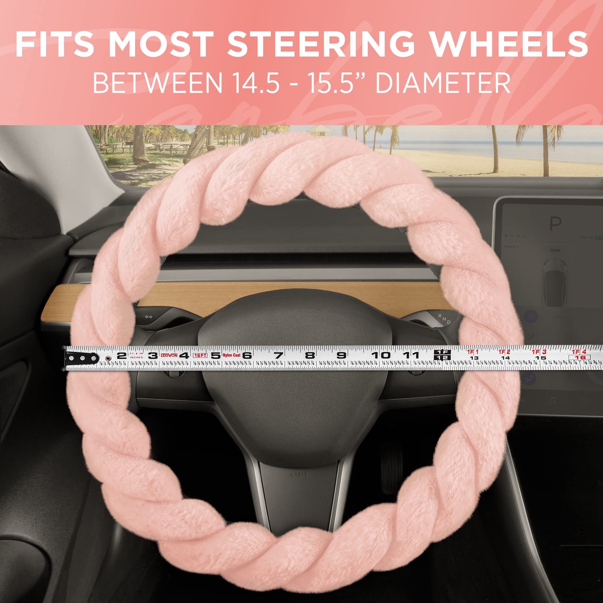 **Soft Pink Faux Fur Steering Wheel Cover - 15 Inch Universal Fit for Most Cars, Fluffy & Cozy Car Accessories for Women - Perfect for Winter Driving & Stylish Interior Upgrade**