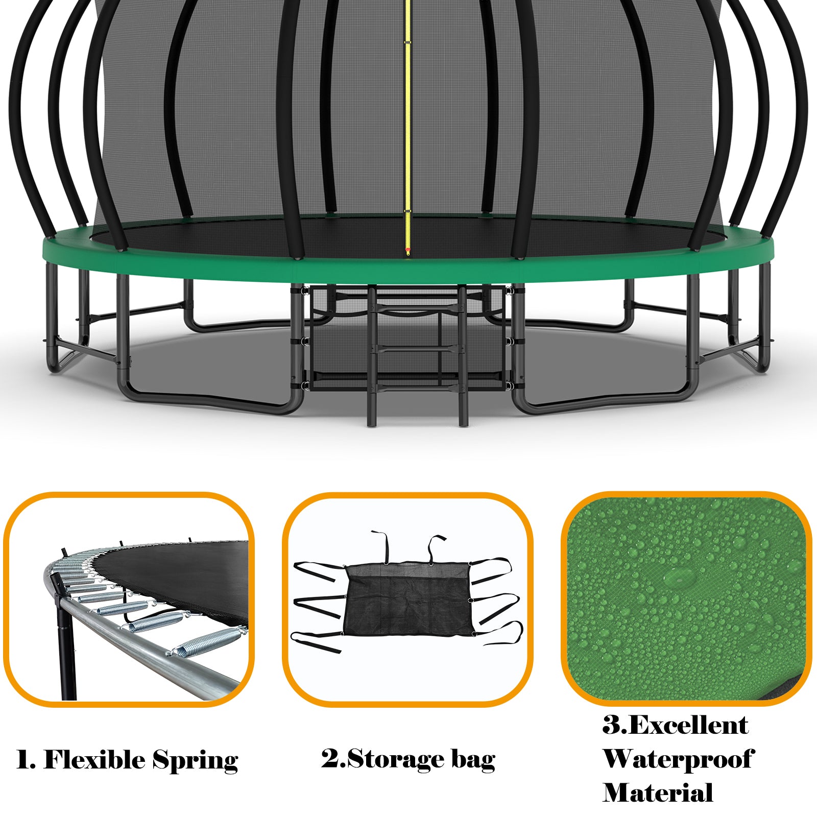 16FT Heavy Duty Outdoor Trampoline for Kids & Adults - ASTM Approved Pumpkin Shape with Anti-Rust Coating & Curved Poles | Perfect for Backyard Fun, Exercise, and Family Bonding