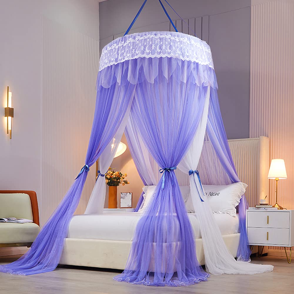 Mengersi Double Layer Sheer Mesh Bed Canopy for Girls - Round Lace Princess Mosquito Net Tent for Twin Full Queen King Size Beds (Purple) - Perfect for Kids' Bedroom Decor, Birthday Gifts & Sleep Protection