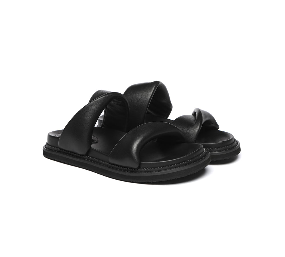 EVERAU® Women's Leather Padded Twist Slip-On Sandals - Comfortable Slides for Casual Wear, Beach, Pool & Home Use