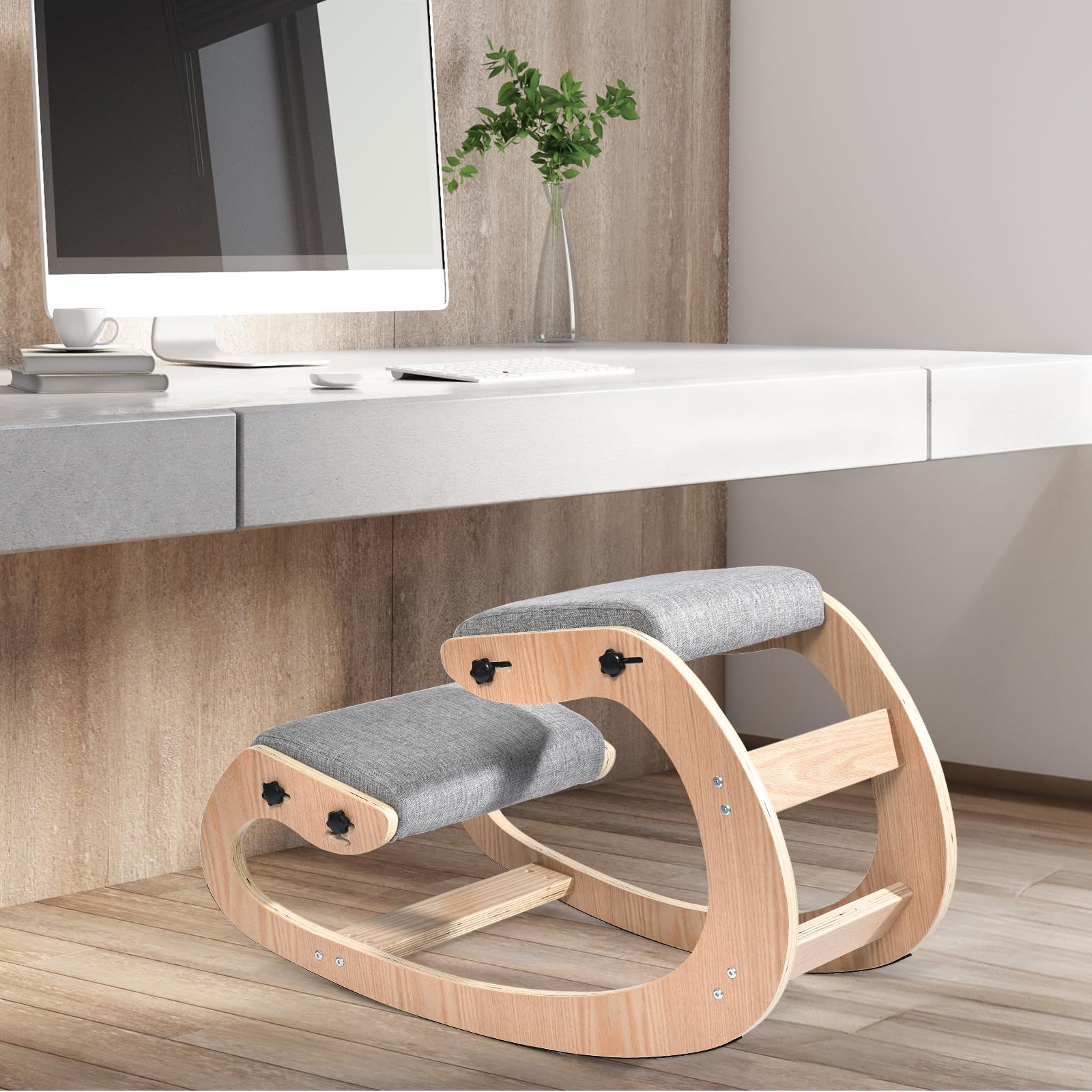Ergonomic Kneeling Chair for Home Office - Adjustable Wood Rocking Knee Stool with Soft Padding - Natural Neck & Back Pain Relief - Supports Up to 300 lbs - Perfect for Meditation, Yoga & Desk Work