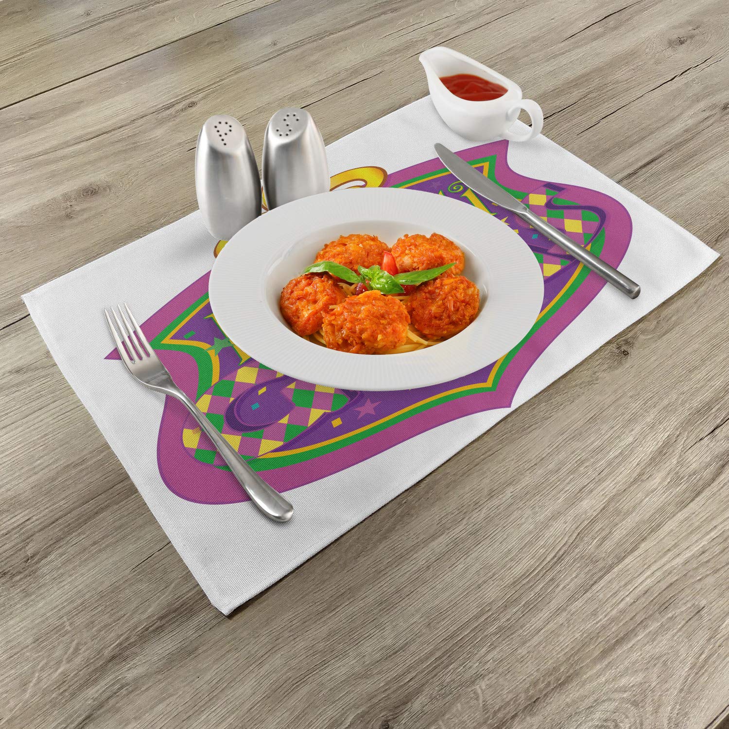 Ambesonne Mardi Gras Place Mats Set of 4 - Washable Fabric Table Mats with Blazon Design, Fleur de Lis & Festive Inscriptions for Dining Room & Kitchen Decor (Purple, Yellow, Green) - Perfect for Mardi Gras Parties, Holiday Gatherings & Themed Dinner Decorations
