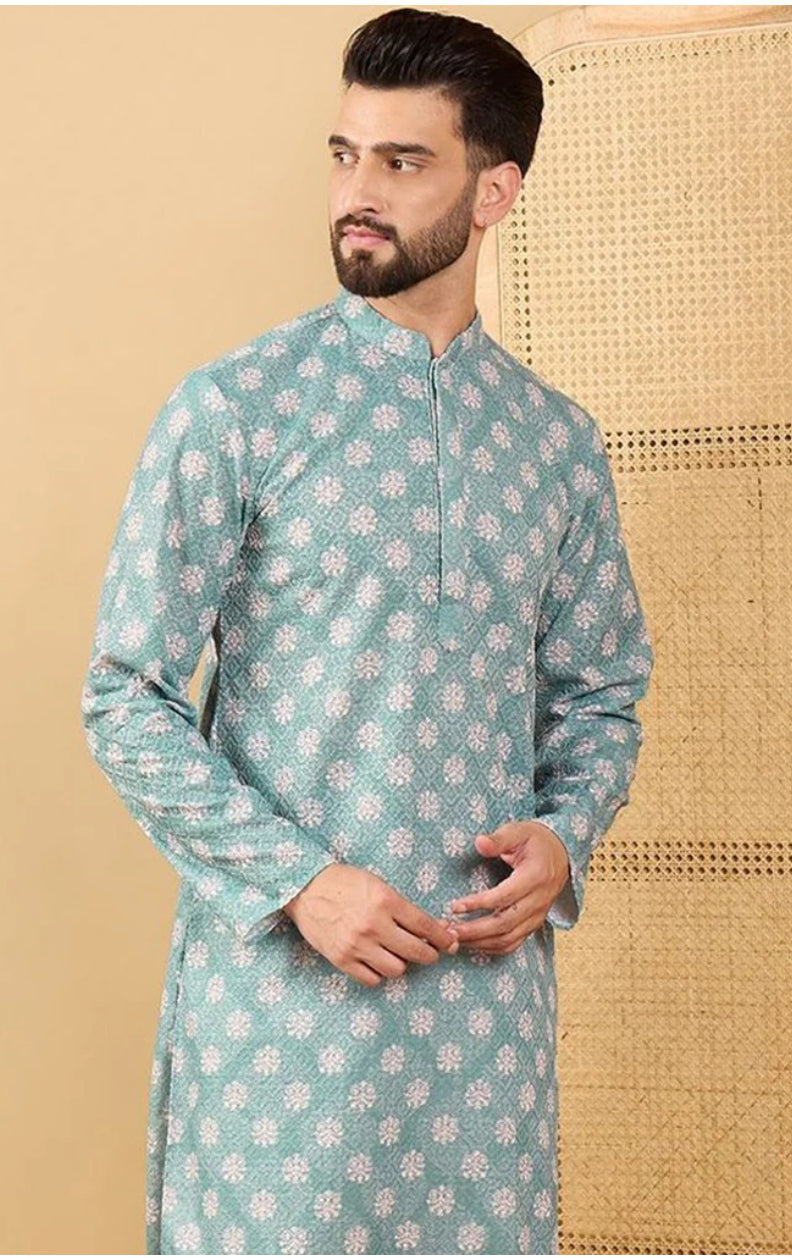Men's Sea Green Embroidered Straight Chikankari Kurta | Traditional Indian Cotton Tunic | Perfect for Festivals, Weddings & Casual Wear