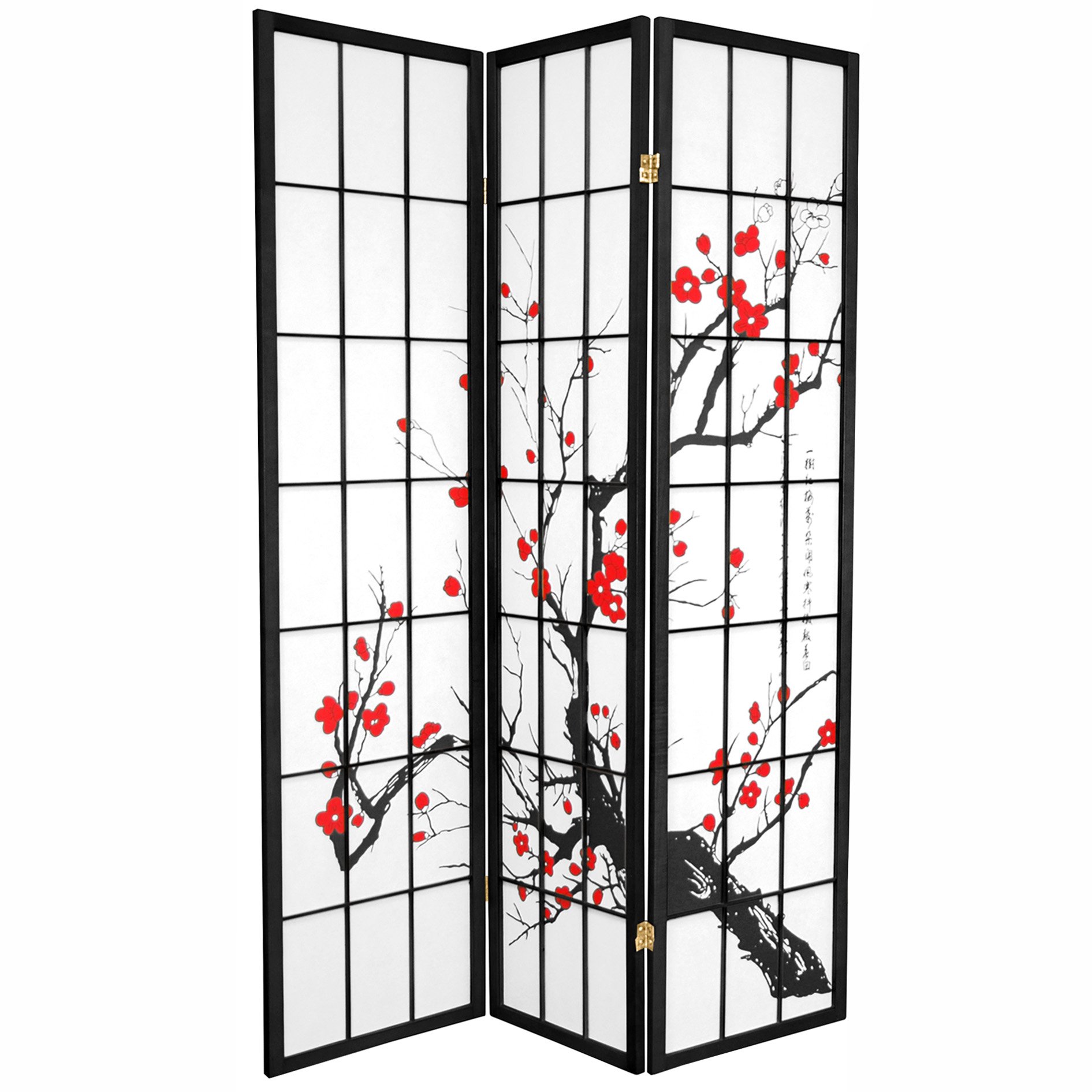 Black 3-Panel Room Divider Screen - Red Lantern SS-BLOSSOM Folding Privacy Partition for Home, Office & Events - Decorative Asian Style Space Separator for Living Room, Bedroom or Wedding Decor