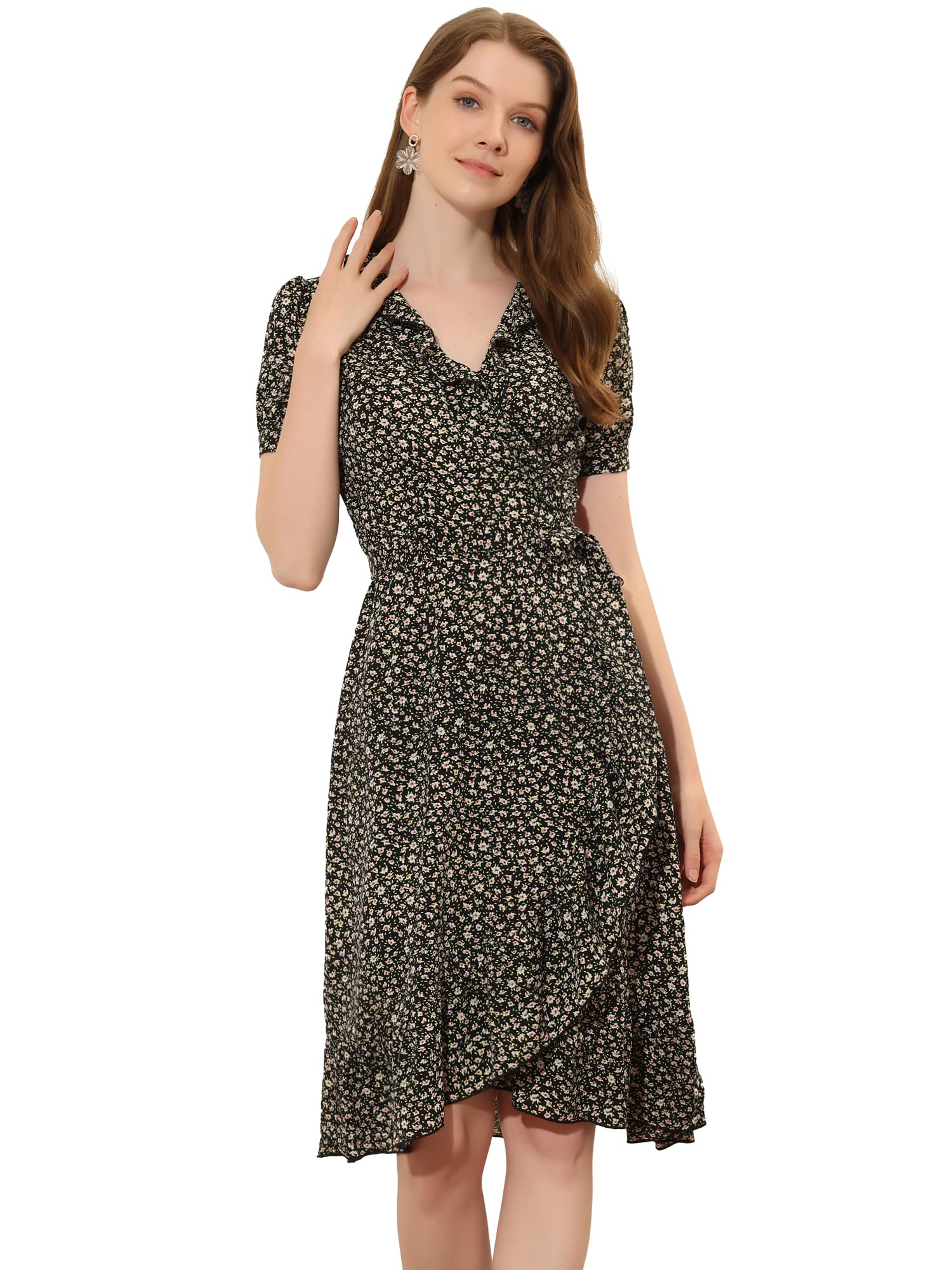 Allegra K Women's Floral Print Wrap Dress with Ruffles, V-Neck & Short Sleeves - Perfect for Summer Outfits, Beach Vacations & Casual Date Nights