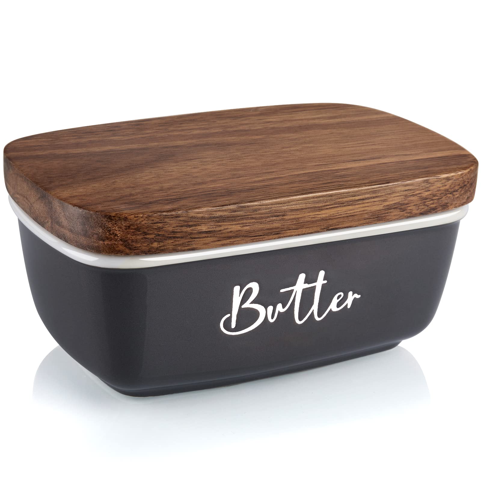 ALELION Large Gray Ceramic Butter Dish with Acacia Wood Lid - Modern Country Style Countertop Butter Container - Perfect for Kitchen Decor, Housewarming Gifts & Breakfast Table Setting