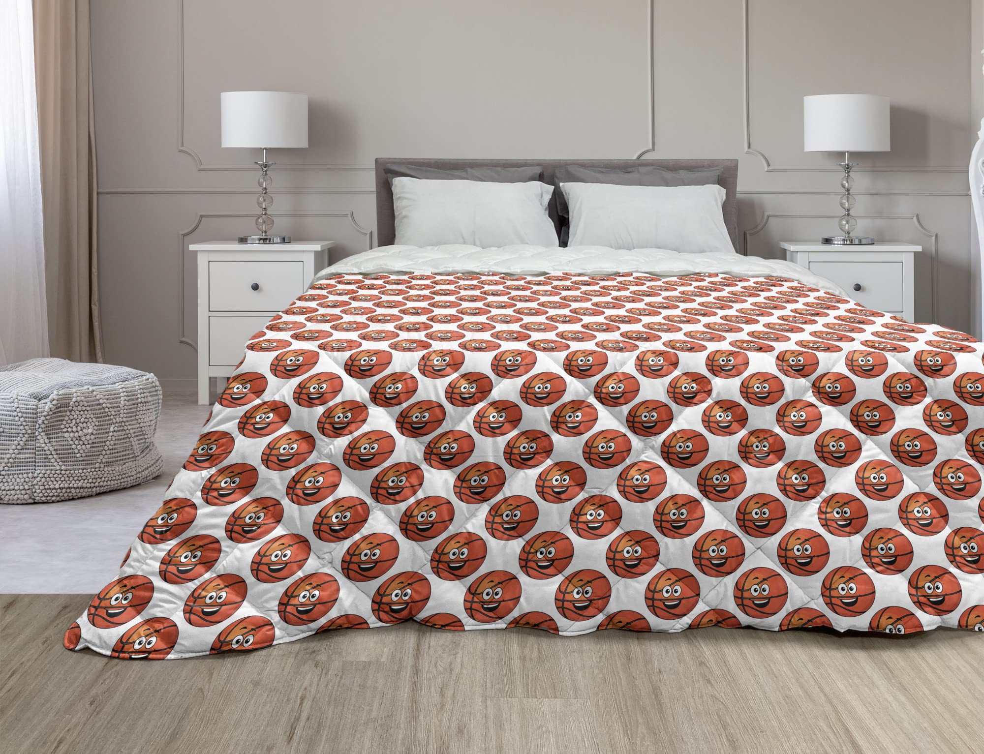 Ambesonne Basketball Down Alternative Comforter - Happy Smiling Orange Balls Emoticons Design, Microfiber All-Season Quilt for Queen Size Bed, Orange Black White - Perfect for Sports Fans, Teen Bedrooms, and Game Room Decor