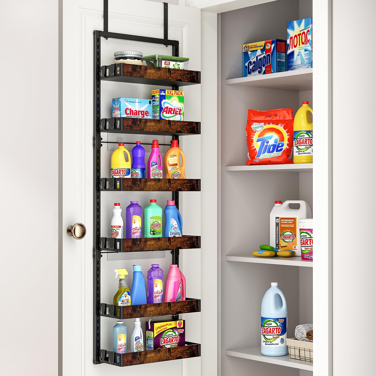 6-Tier Over the Door Pantry Organizer - Adjustable Wooden Basket Kitchen Storage with Heavy-Duty Metal Hooks (17.71