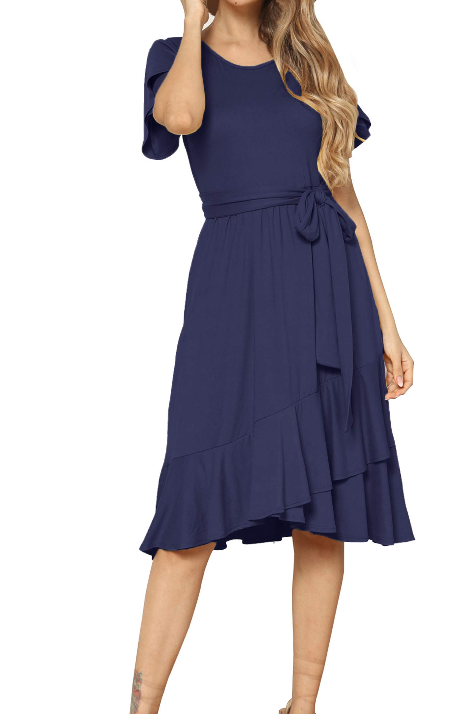 Levaca Women's Plain Casual Flowy Short Sleeve Midi Dress with Belt - Summer Beach Wear, Vacation Outfit & Everyday Comfort Dress