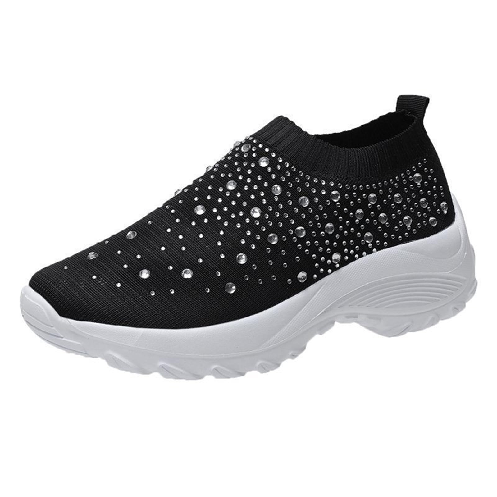 HINDOLA Women's Rhinestone Mesh Slip-On Sneakers - Breathable Lightweight Walking Shoes for Casual, Running & Tennis - Black | Perfect for Workouts, Daily Wear & Outdoor Activities