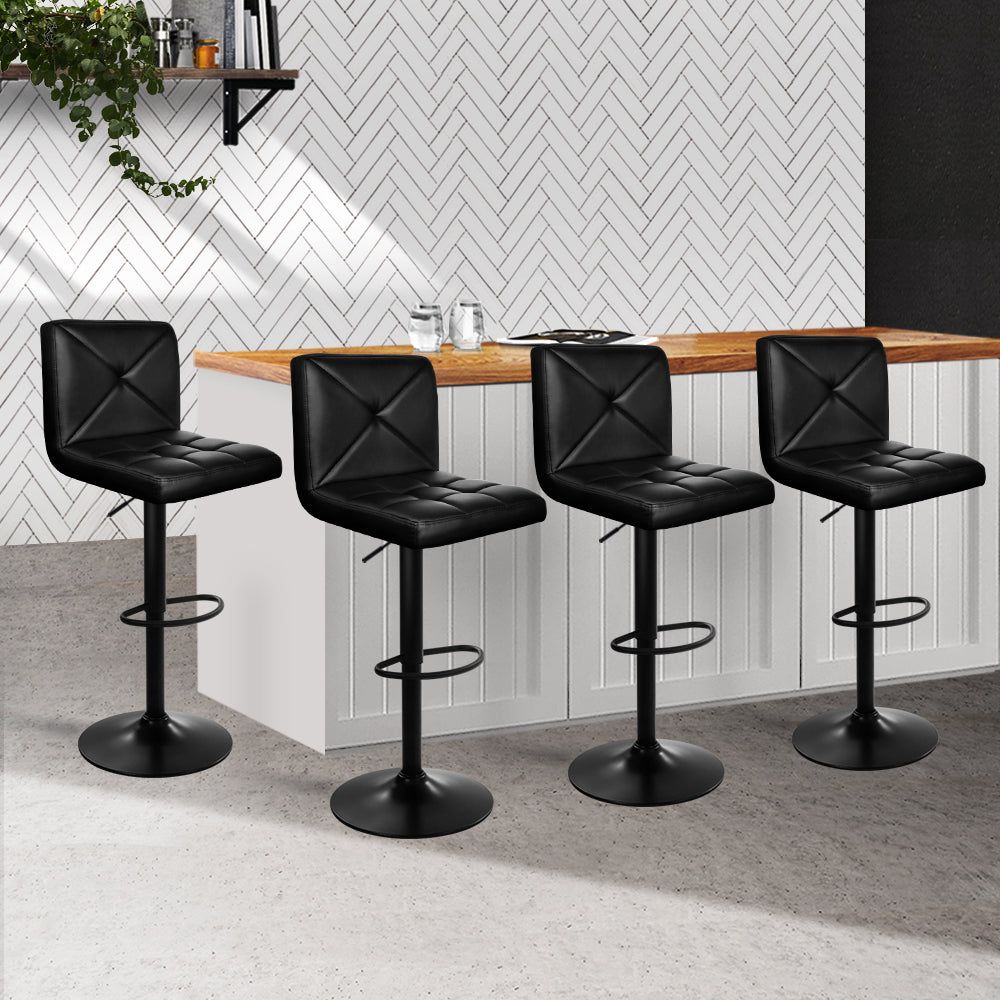 4 Bar Stools with Gas Lift Mechanism - Black Leather Swivel Bar Chairs for Kitchen Island, Breakfast Nook & Home Bar Seating