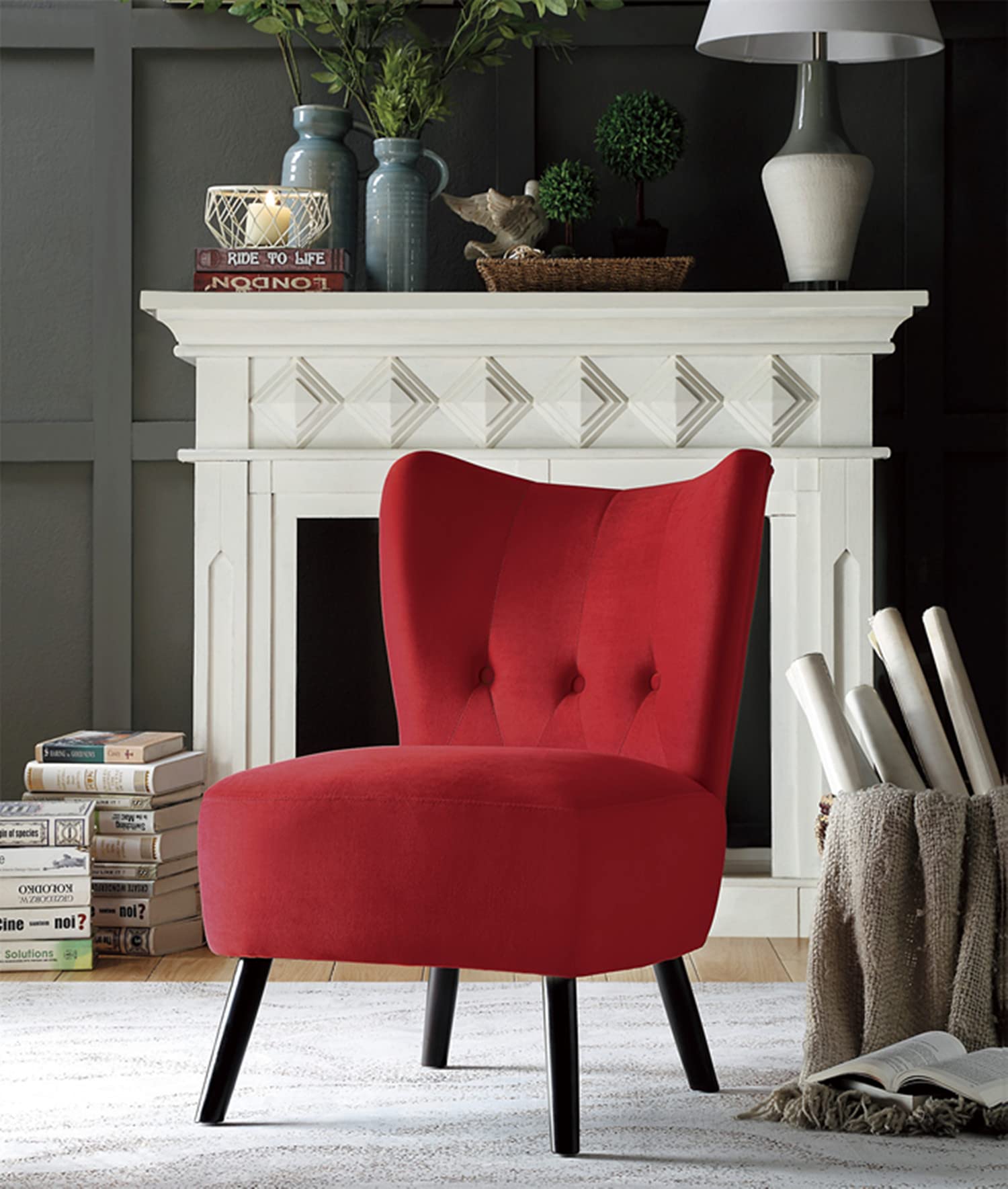 Modern Velvet Tufted Wingback Accent Chair with Wooden Legs - High Back Upholstered Armchair for Living Room, Lounge & Leisure - Red (Perfect for Reading Nook, Bedroom Sitting Area or Cozy Home Office)