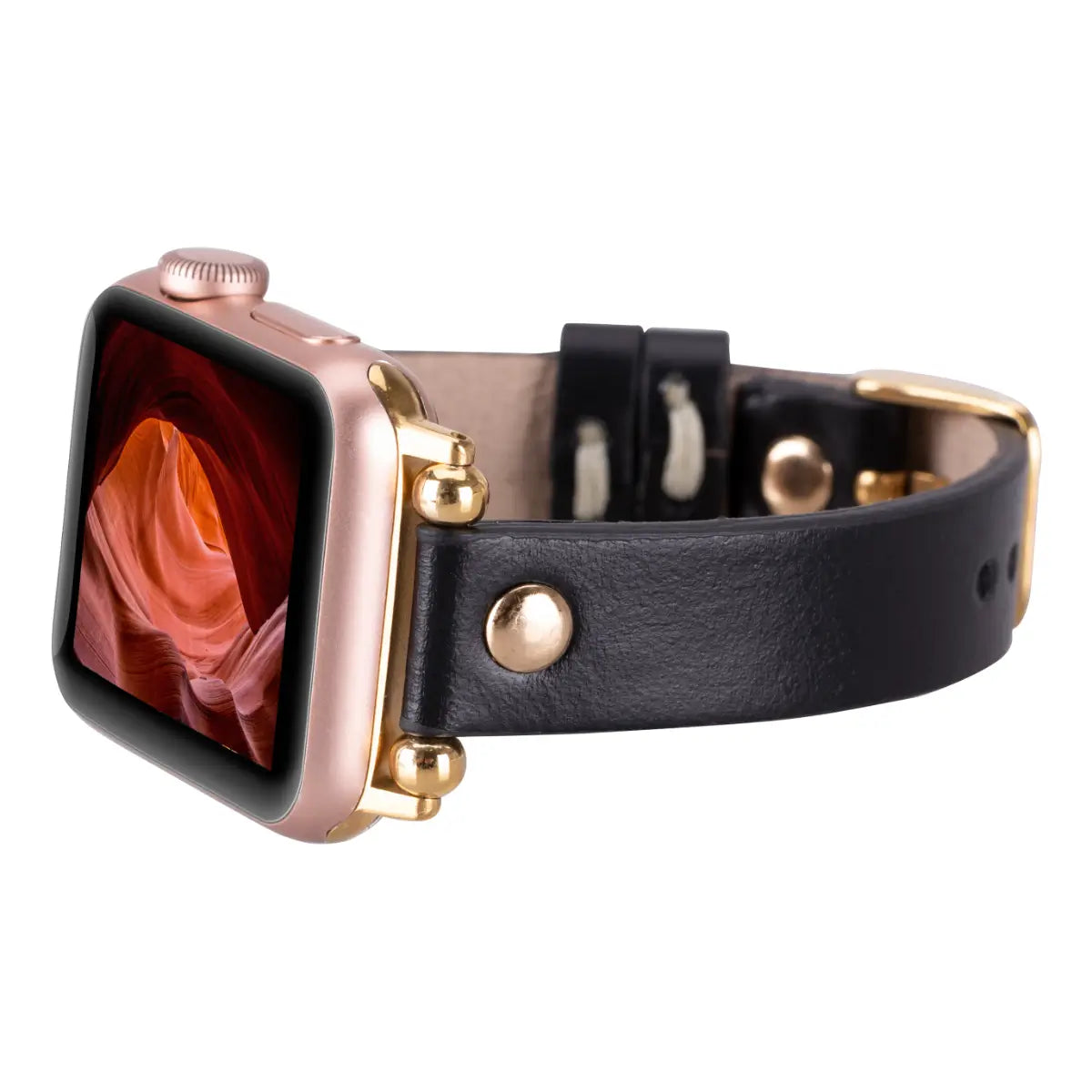 Premium Black Leather Ultra Slim Apple Watch Band with Gold Rivets - Stylish & Lightweight for Everyday Wear, Workouts & Formal Occasions