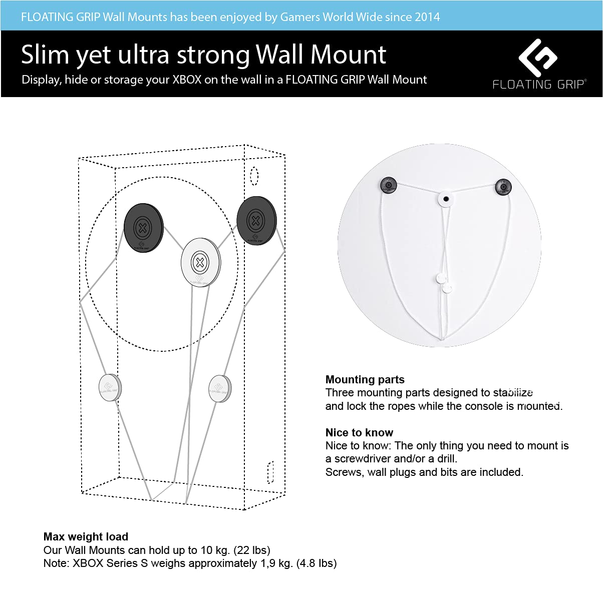 FLOATING GRIP XBOX Series S Wall Mount Kit - Secure & Space-Saving Vertical Mount for XBOX Series S Console (White) - Perfect for Bedroom, Game Room & Small Spaces