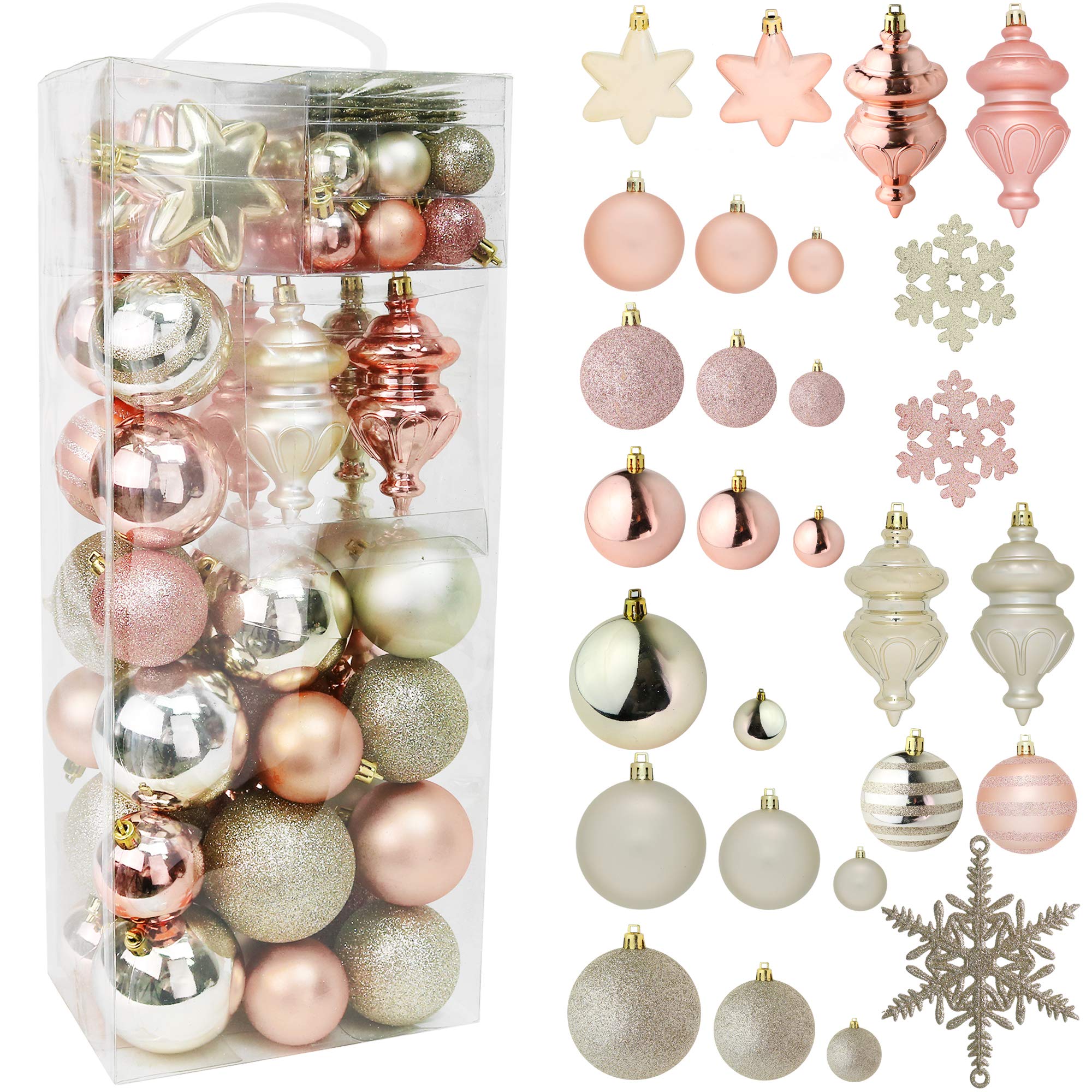 RN'D Christmas Snowflake Ball Ornaments Bulk Set - 76 Pcs Hanging Snowflake & Ball Decorations with Hooks in Yellow & Rose Gold for Holiday Tree Decor, Home Party, Winter Wedding, and Festive Gift Giving