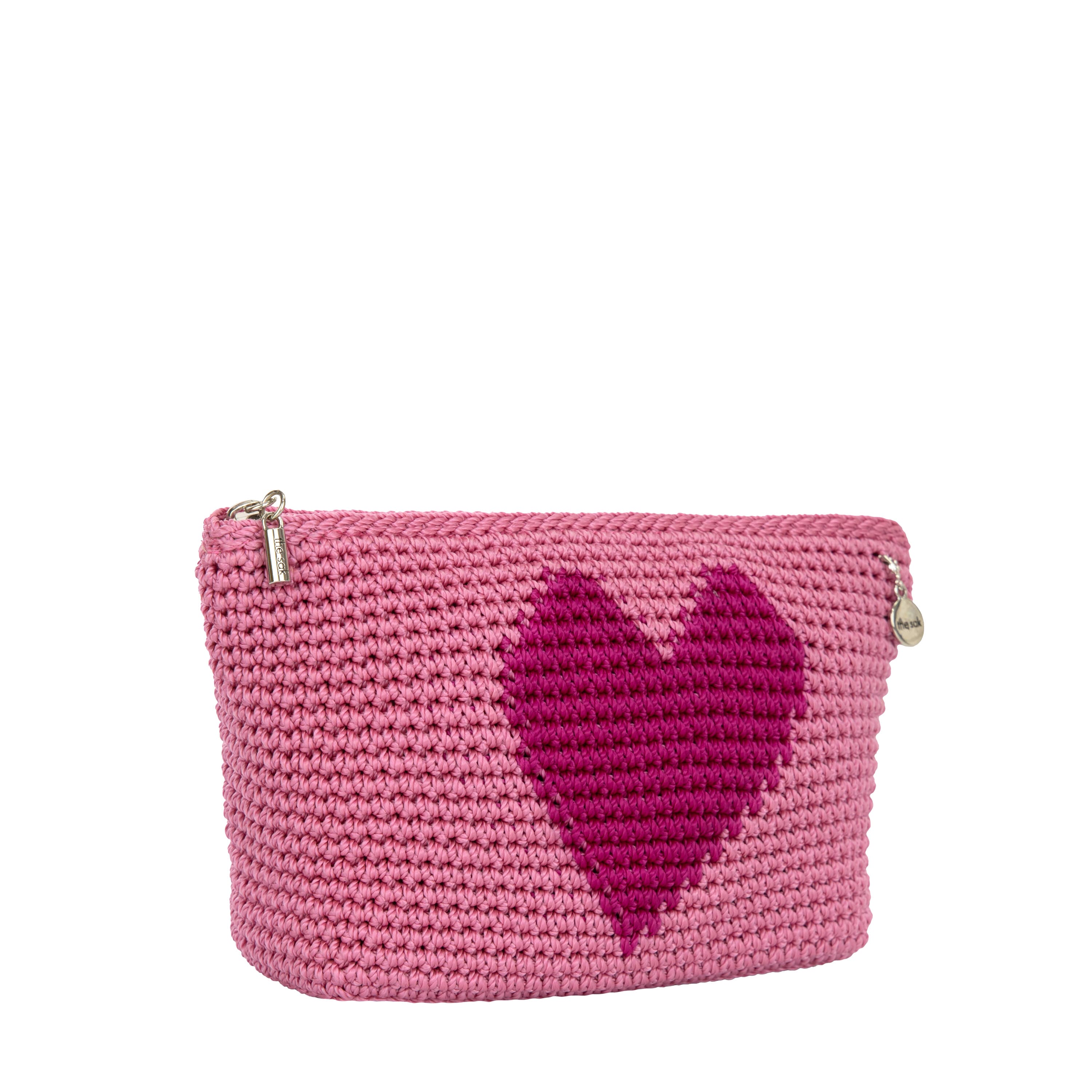 Handmade Crochet Essential Pouch - Tulip Pink Heart Design for Women | Perfect for Makeup, Jewelry & Travel Accessories Storage | Cute Gift Idea
