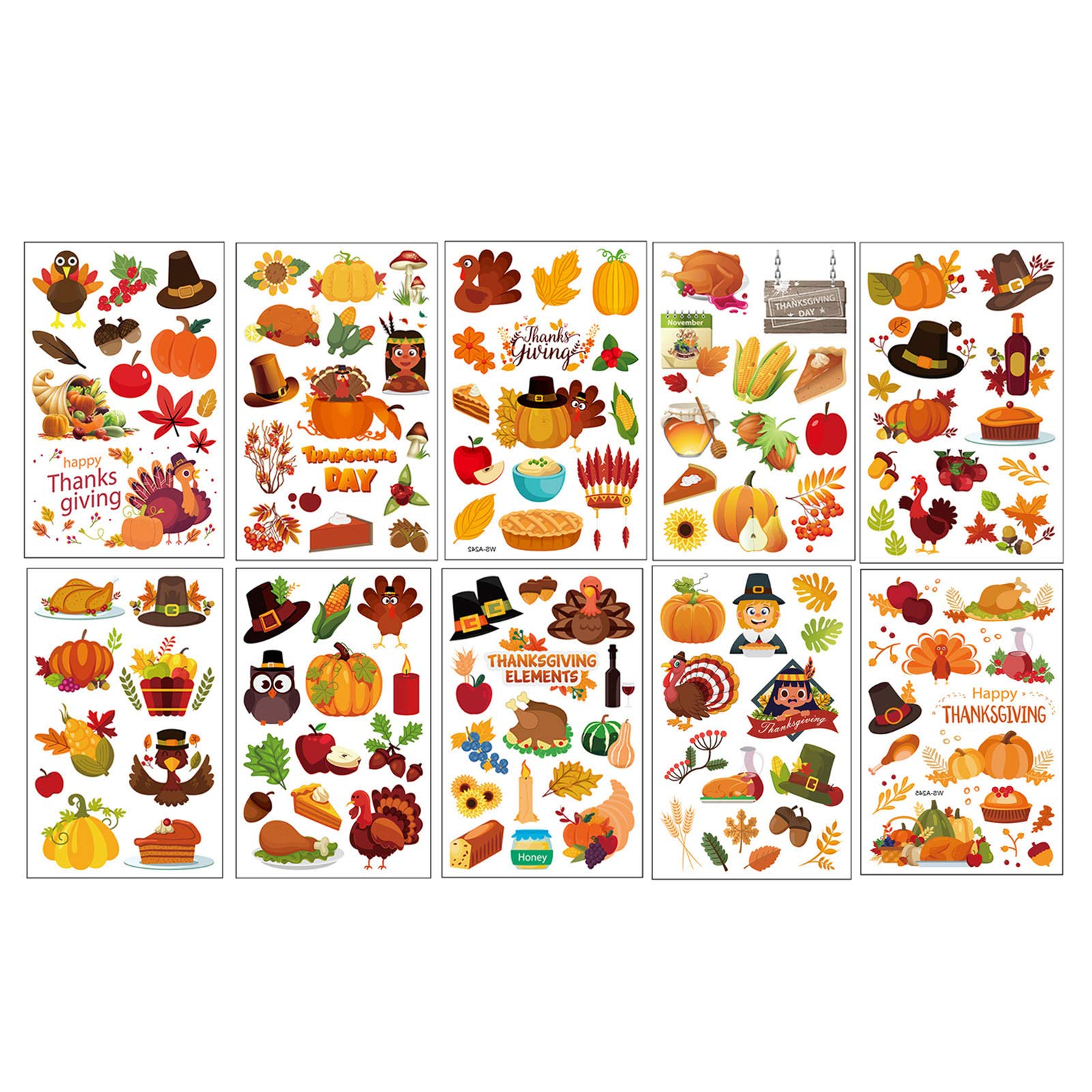 Thanksgiving Stickers 10pcs - Turkey & Pumpkin Tattoo Stickers, Temporary Tattoo Transfers, Wall Decals, Glitter Stickers for Kids & Adults - Perfect for Holiday Decor, Party Favors, Scrapbooking & DIY Crafts