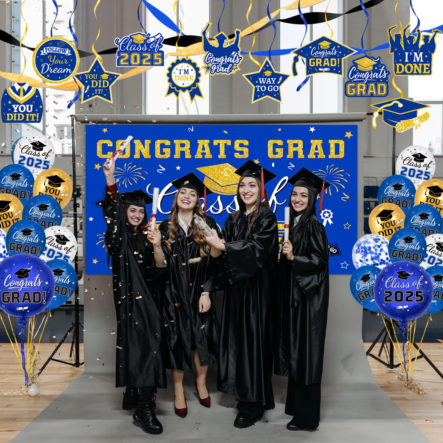 2025 Graduation Decorations Set - Blue & Gold Congrats Grad Banner, Backdrop, Hanging Swirls, Balloons & Honeycomb Centerpieces for Graduation Party | Perfect for High School & College Graduation Celebrations, Photo Backdrops & Party Decor