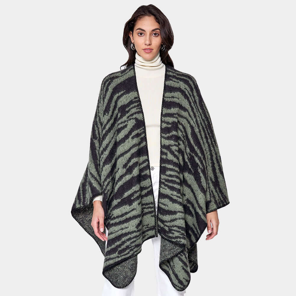 Stylish Olive Green Zebra Print Ruana Poncho Shawl Wrap - Perfect for Fall Fashion, Outdoor Adventures & Cozy Evenings