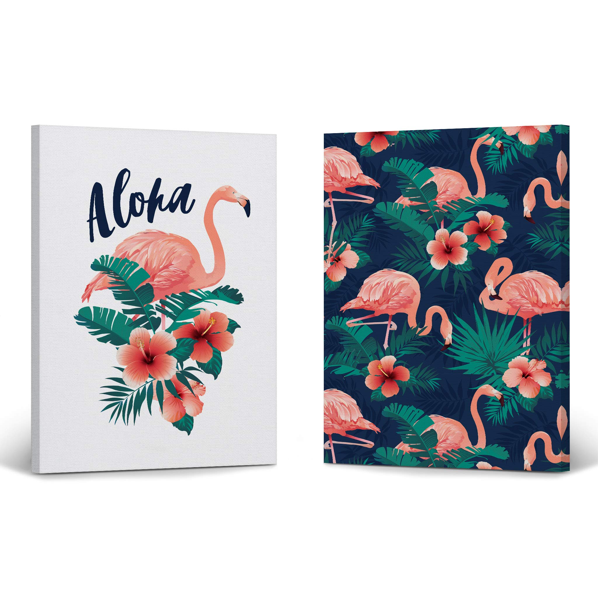 Aloha Flamingo Canvas Wall Art Set - 2 Panel Tropical Flamingo Prints for Kids Room, Nursery & Baby Room Decor - Ready to Hang Made in USA (28x19 Inches Each) - Perfect for Beach Themed Bedrooms & Hawaiian Style Home Decor