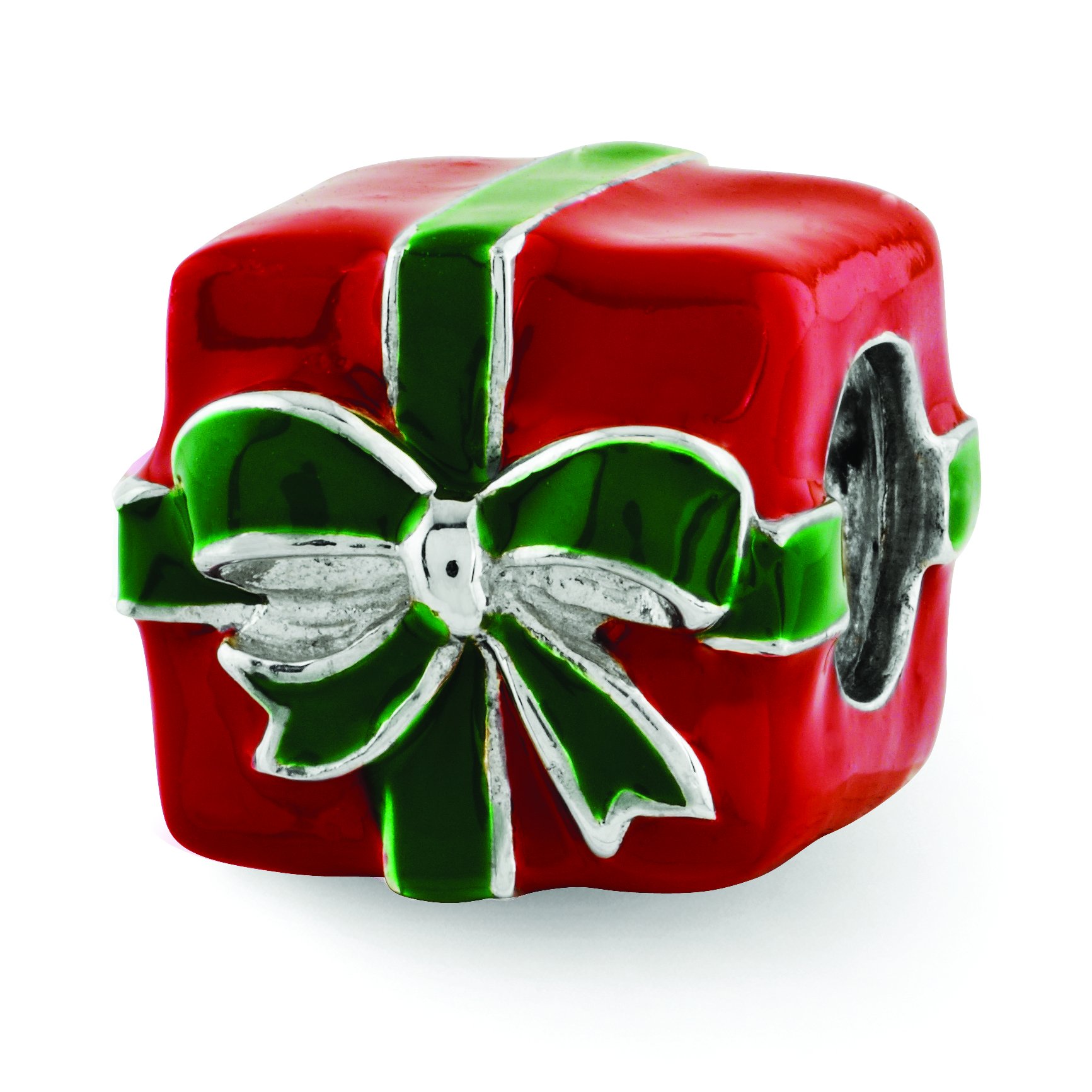 Sterling Silver Green & Red Enameled Christmas Gift Bead - Perfect for Holiday Jewelry Making, DIY Bracelets & Necklaces